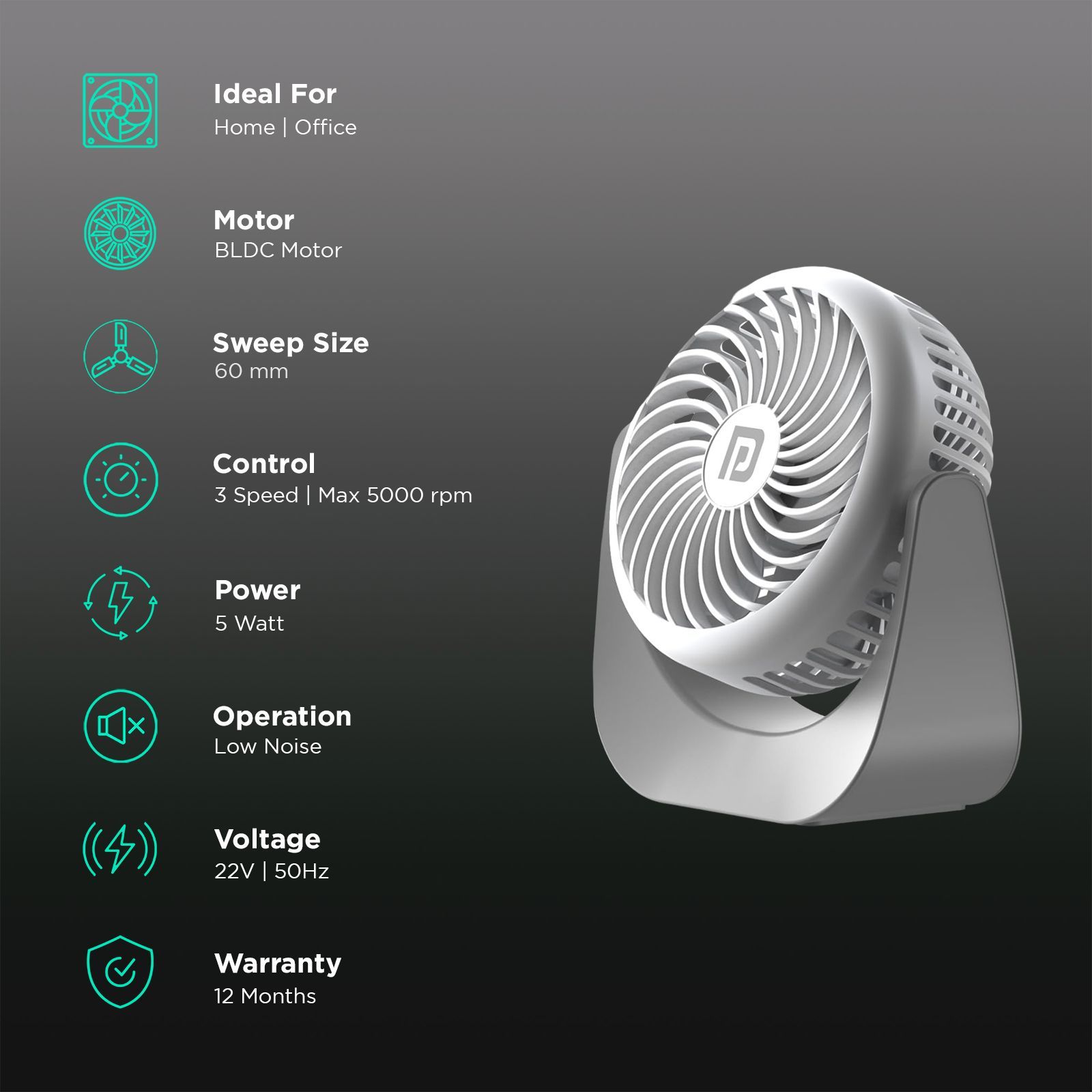 PORTRONICS Toofan 60mm 3 Blade BLDC Motor Mini Rechargeable Fan with 2000 mAh Battery (Low Noise Desk Fan, White) PORTRONICS Toofan 60mm 3 Blade BLDC Motor Mini Rechargeable Fan with 2000 mAh Battery (Low Noise Desk Fan, White)_3