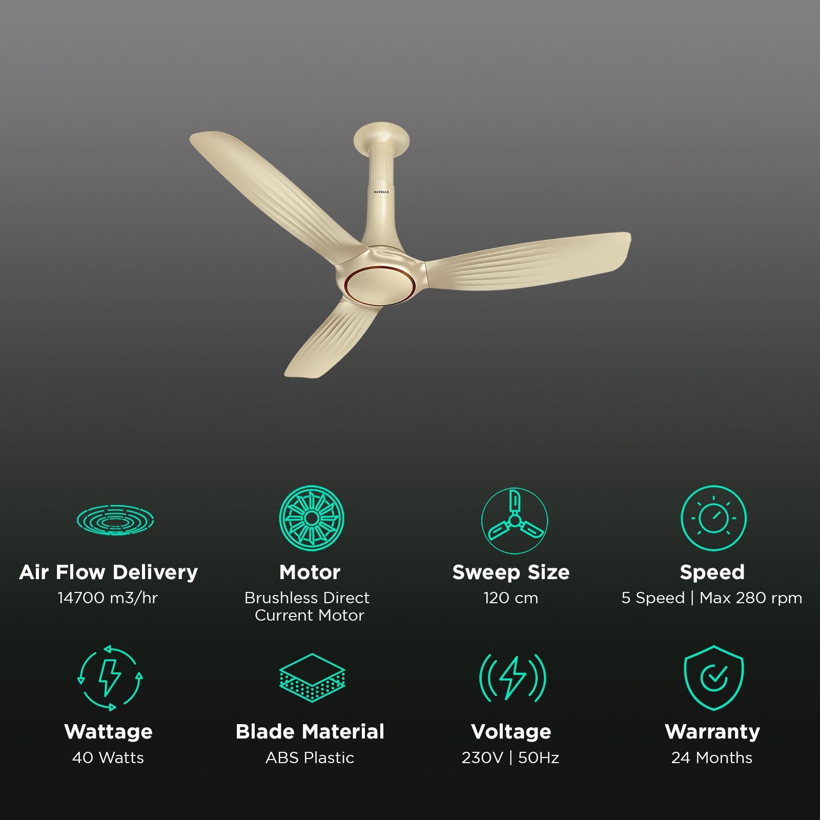 HAVELLS Inox 5 Star 1200mm 3 Blade BLDC Motor Ceiling Fan with Remote (Inverter Technology, Gold Mist Cola) HAVELLS Inox 5 Star 1200mm 3 Blade BLDC Motor Ceiling Fan with Remote (Inverter Technology, Gold Mist Cola)_3