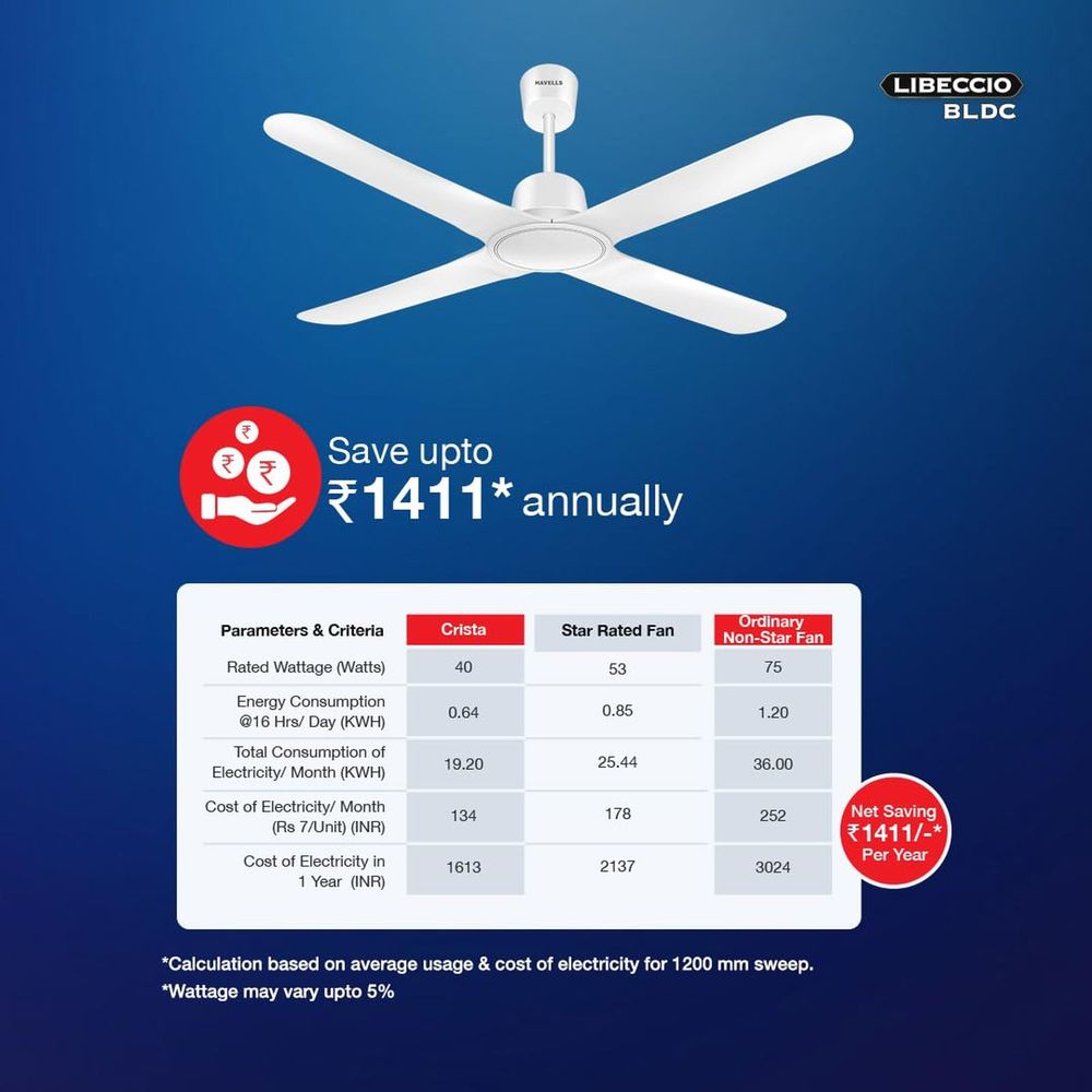 Buy HAVELLS Libeccio 5 Star 1200mm 4 Blade BLDC Motor Ceiling Fan with ...
