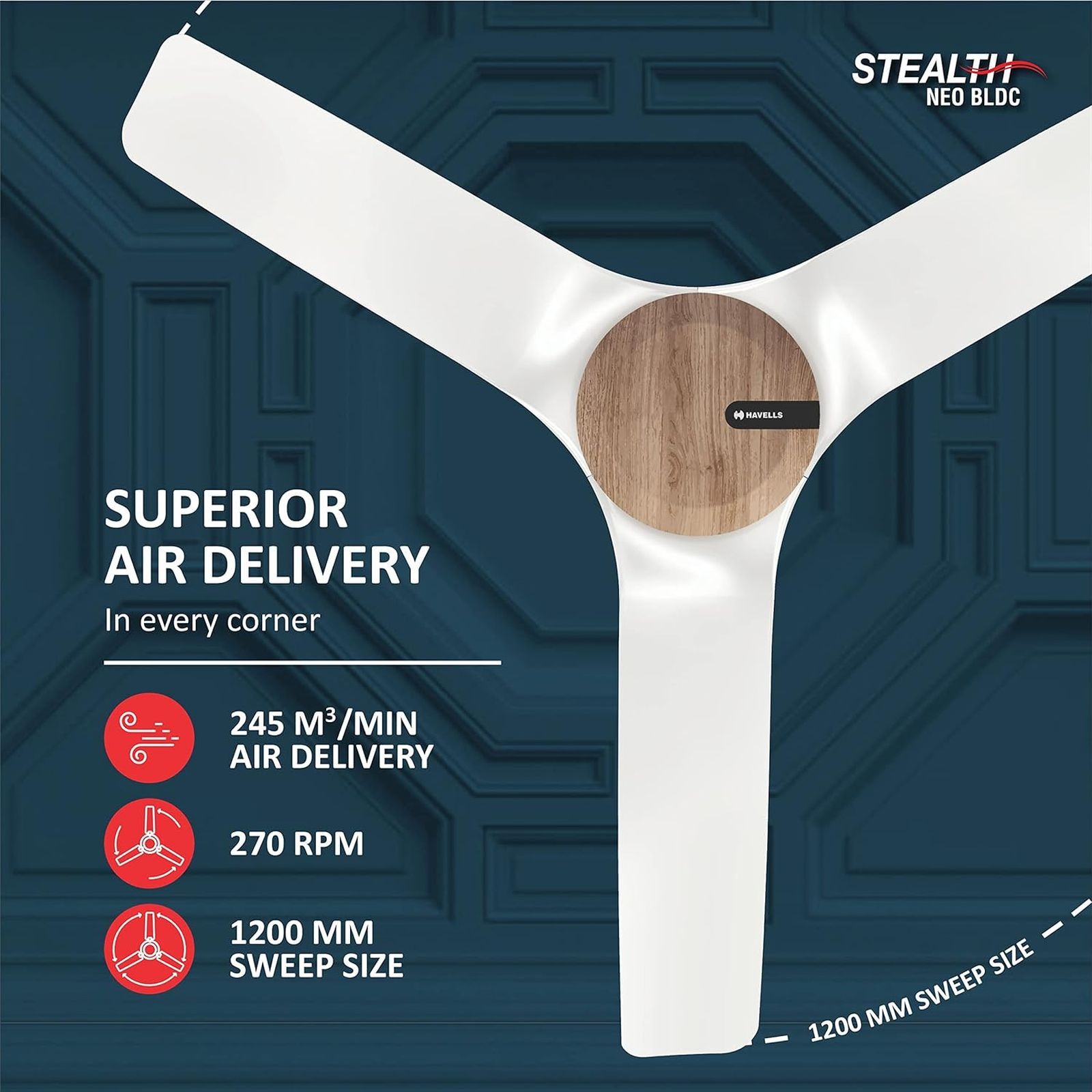 HAVELLS Stealth Neo 5 Star 1200mm 3 Blade BLDC Motor Ceiling Fan with Remote (Eco Active Technology, Wood Pearl White)_9