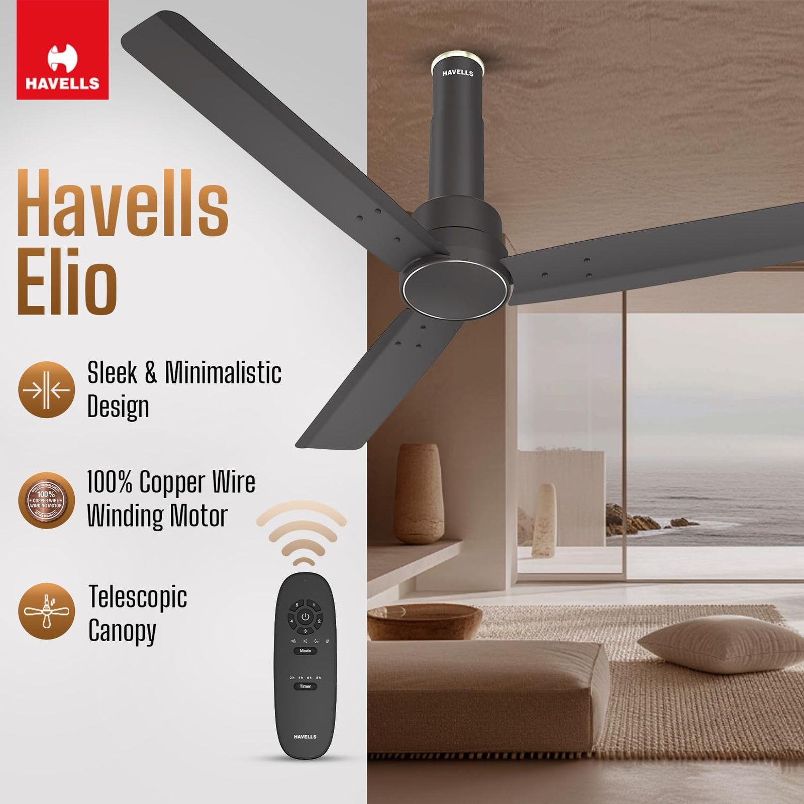 HAVELLS Elio 5 Star 1200mm 3 Blade BLDC Motor Ceiling Fan with Remote (Wood Finished Blades, Smoke Brown) HAVELLS Elio 5 Star 1200mm 3 Blade BLDC Motor Ceiling Fan with Remote (Wood Finished Blades, Smoke Brown)_9