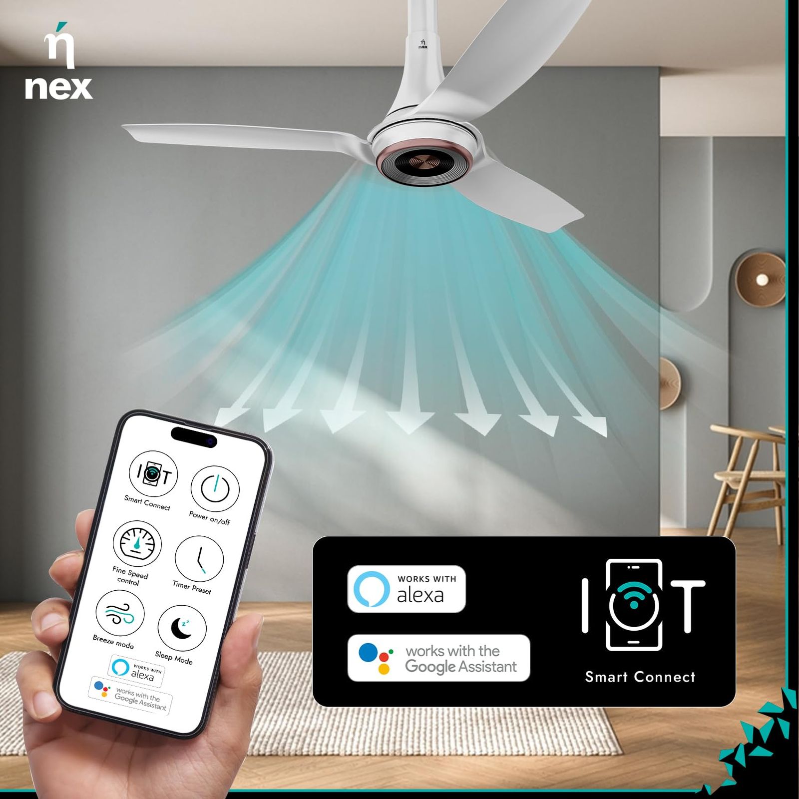 nex Dryft A95 5 Star 1200mm 3 Blade BLDC Motor Smart Ceiling Fan with Remote (Alexa & Google Assistant, Classic White)_6
