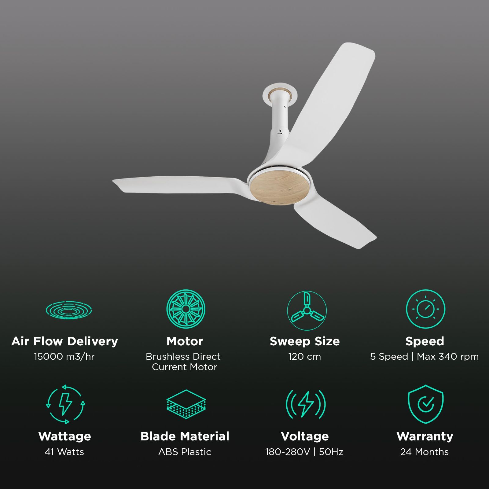 nex Dryft A90 5 Star 1200mm 3 Blade BLDC Motor Ceiling Fan with Remote (Dust Resistant, Classic White)_3