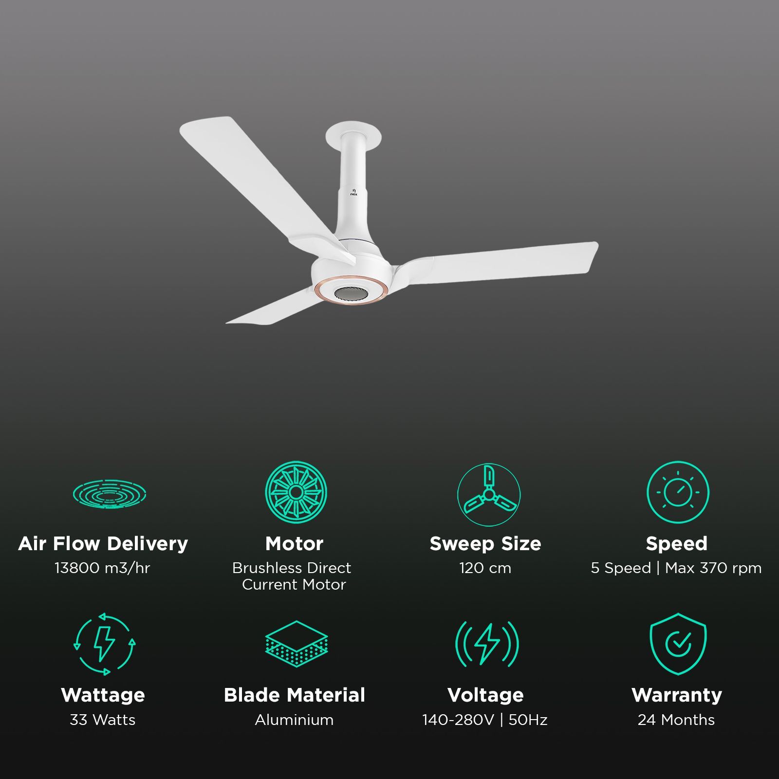 nex Glyde A70 5 Star 1200mm 3 Blade BLDC Motor Ceiling Fan with Remote (Dust Resistant, Cotton White)_3