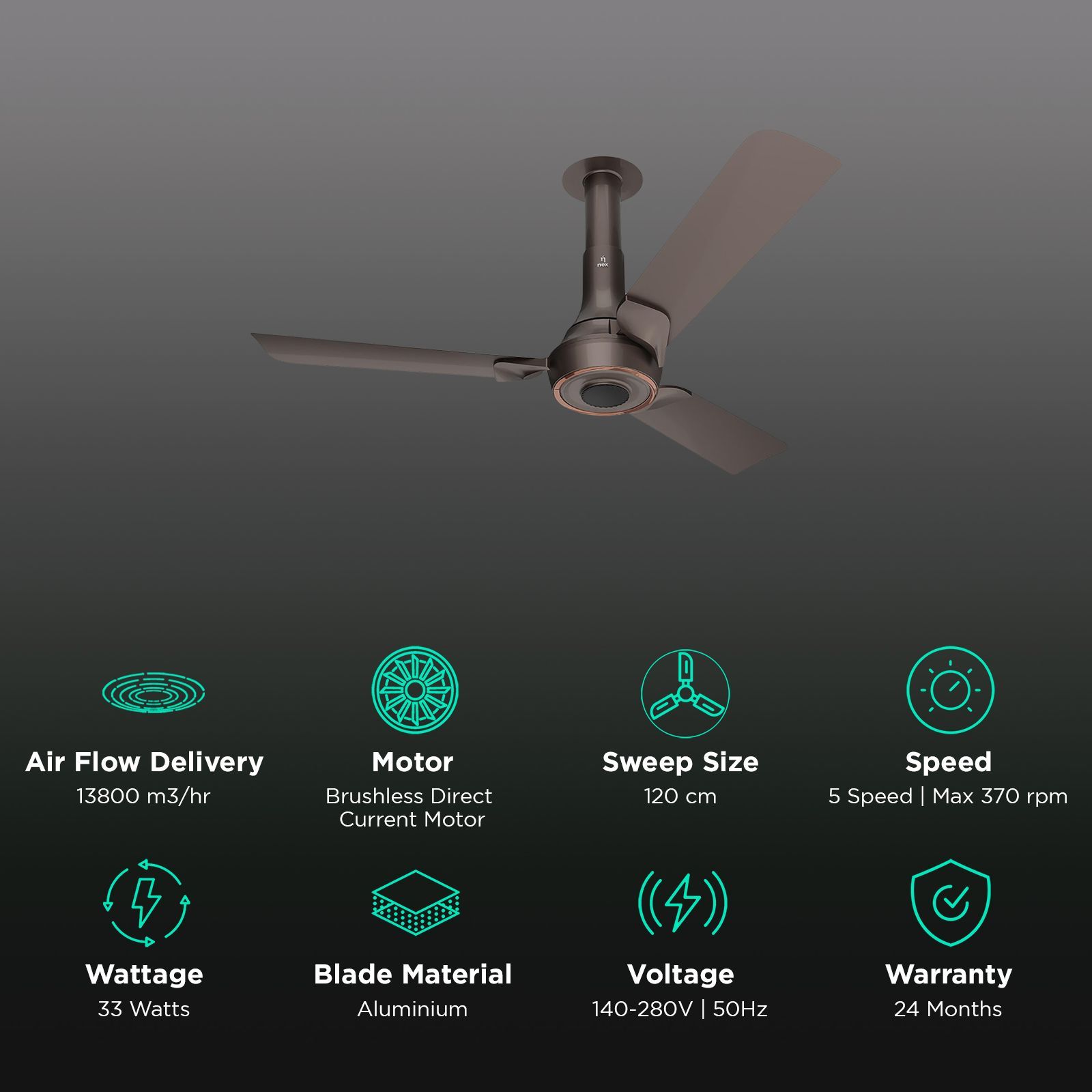 nex Glyde A70 5 Star 1200mm 3 Blade BLDC Motor Ceiling Fan with Remote (Dust Resistant, Mist Brown) nex Glyde A70 5 Star 1200mm 3 Blade BLDC Motor Ceiling Fan with Remote (Dust Resistant, Mist Brown)_3