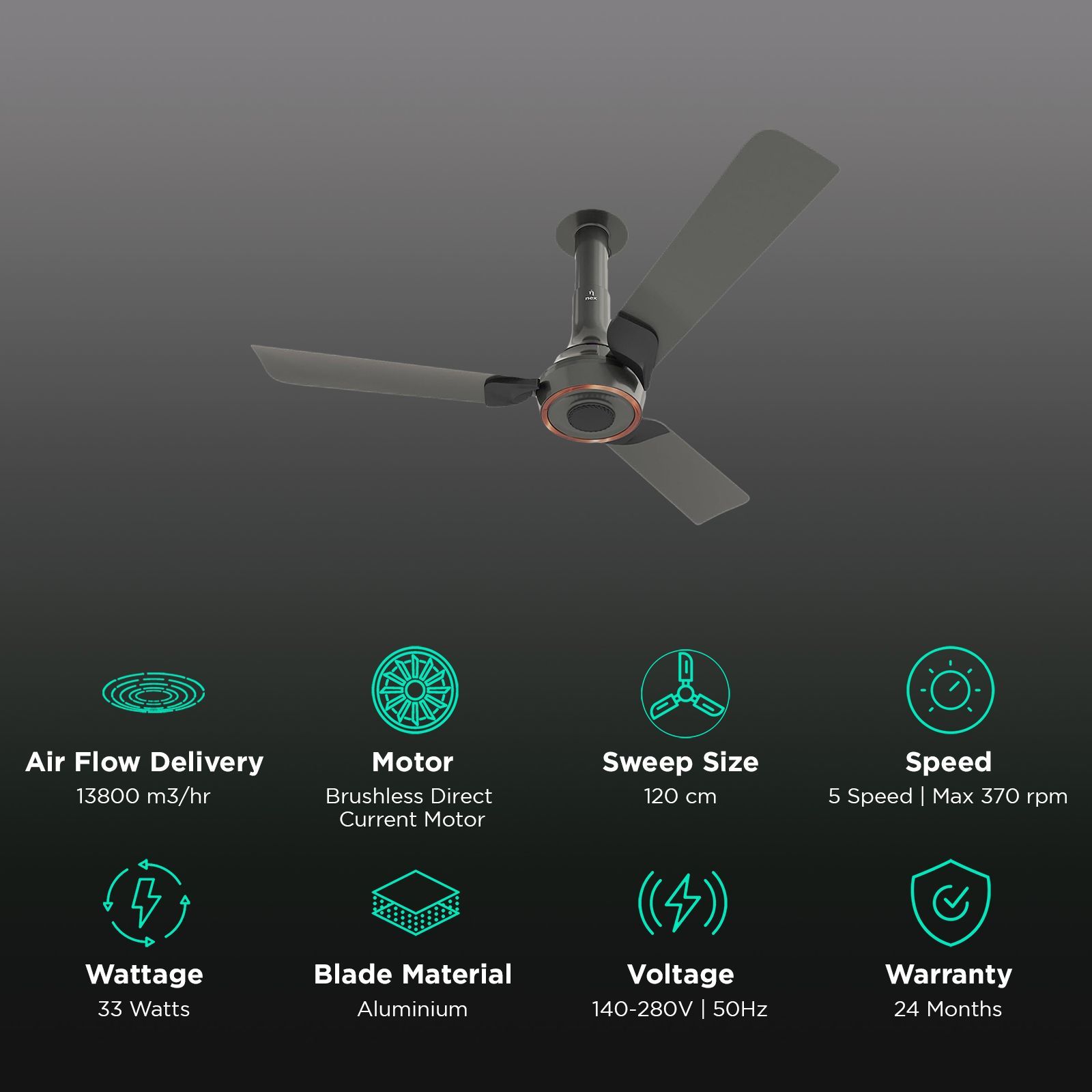 nex Glyde A70 5 Star 1200mm 3 Blade BLDC Motor Ceiling Fan with Remote (Dust Resistant, Granite Grey)_3