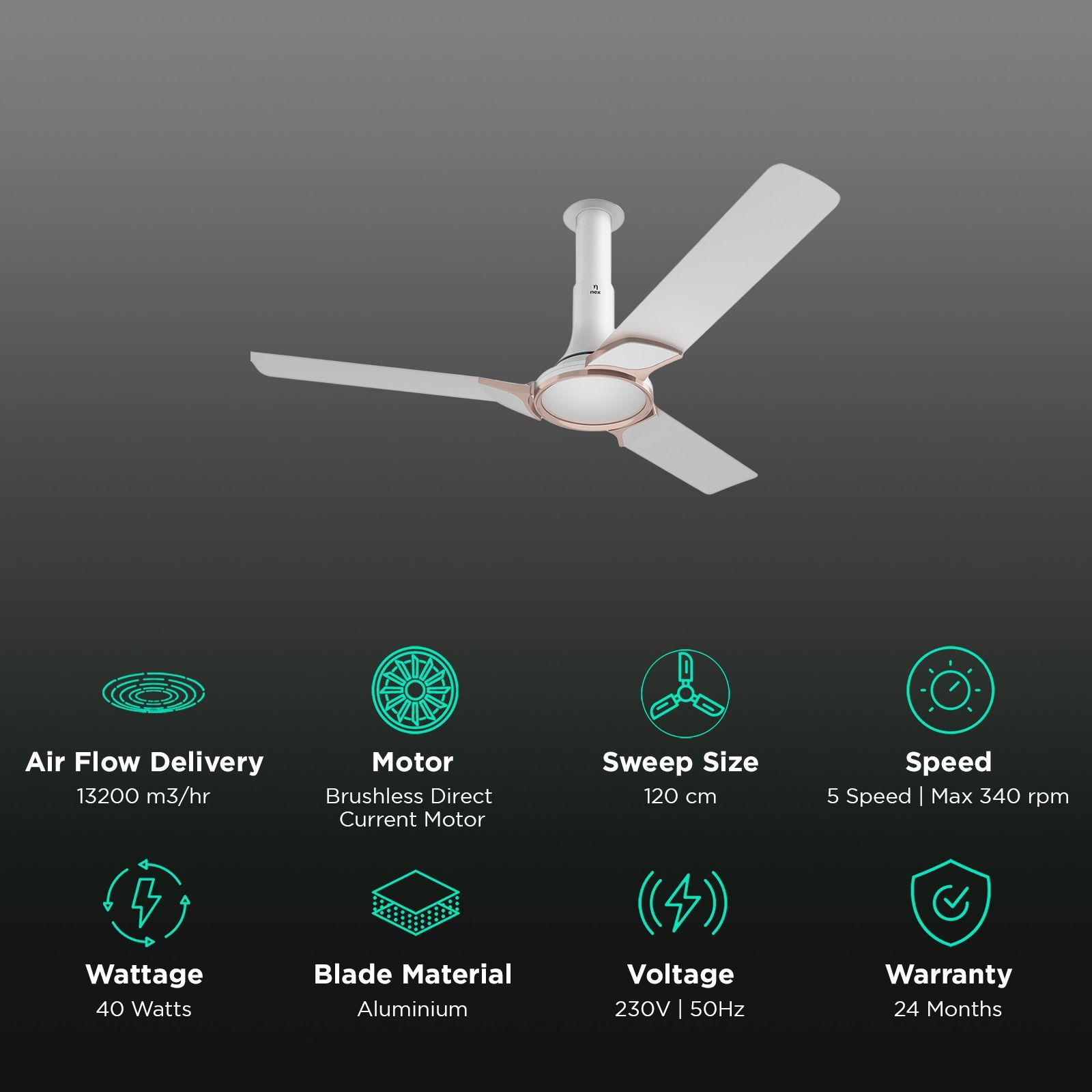 nex Glyde A50 4 Star 1200mm 3 Blade BLDC Motor Ceiling Fan (Dust Resistant, Snow White)_3