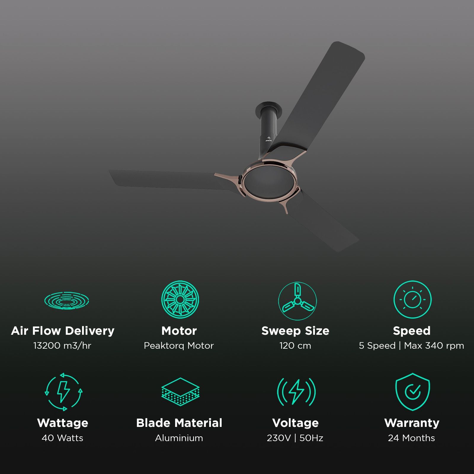 nex Glyde A50 4 Star 1200mm 3 Blade BLDC Motor Ceiling Fan with Remote (Airlfuence Aluminium Blade, Granite Grey)_3