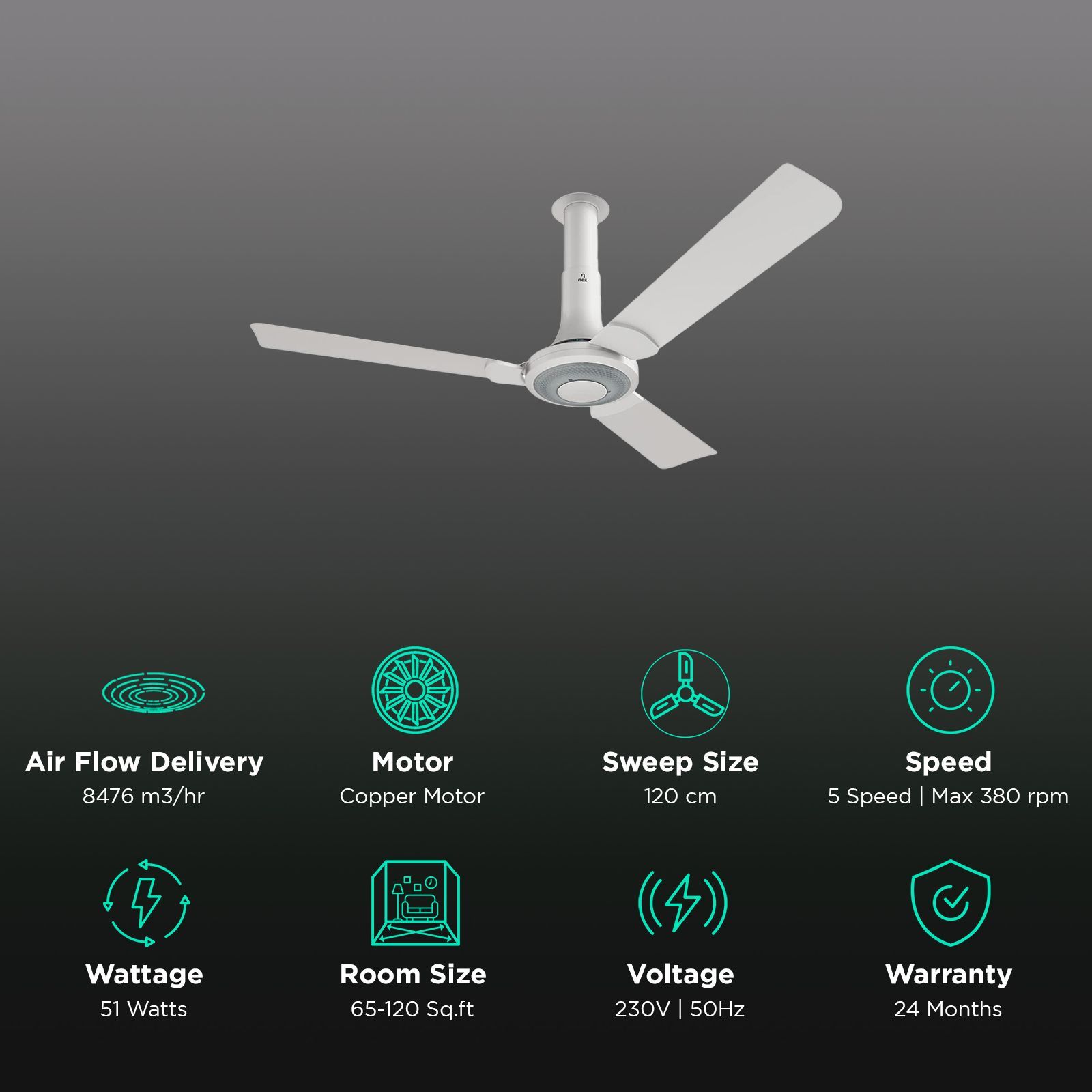 nex Glyde 1200mm 3 Blade Copper Motor Ceiling Fan (High Air Thrust, Snow White) nex Glyde 1200mm 3 Blade Copper Motor Ceiling Fan (High Air Thrust, Snow White)_3