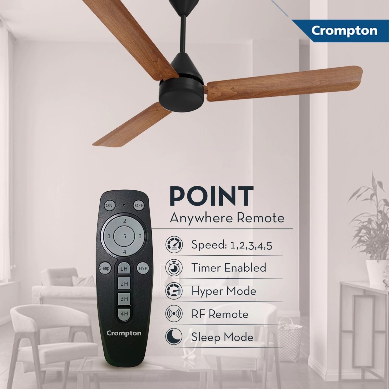 Crompton Hyperjet Plus 5 Star 1200mm 3 Blade BLDC Motor Ceiling Fan with Remote (Inverter Technology, Dark Cherry Wood)_9