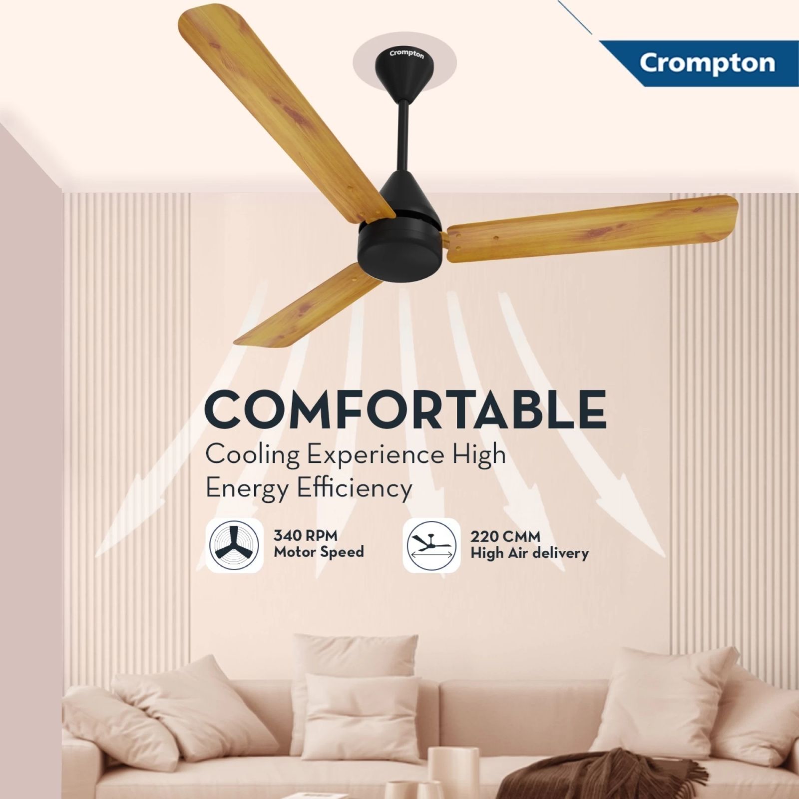 Crompton Hyperjet Plus 5 Star 1200mm 3 Blade BLDC Motor Ceiling Fan with Remote (Hyper Mode, Light Pinewood)_6