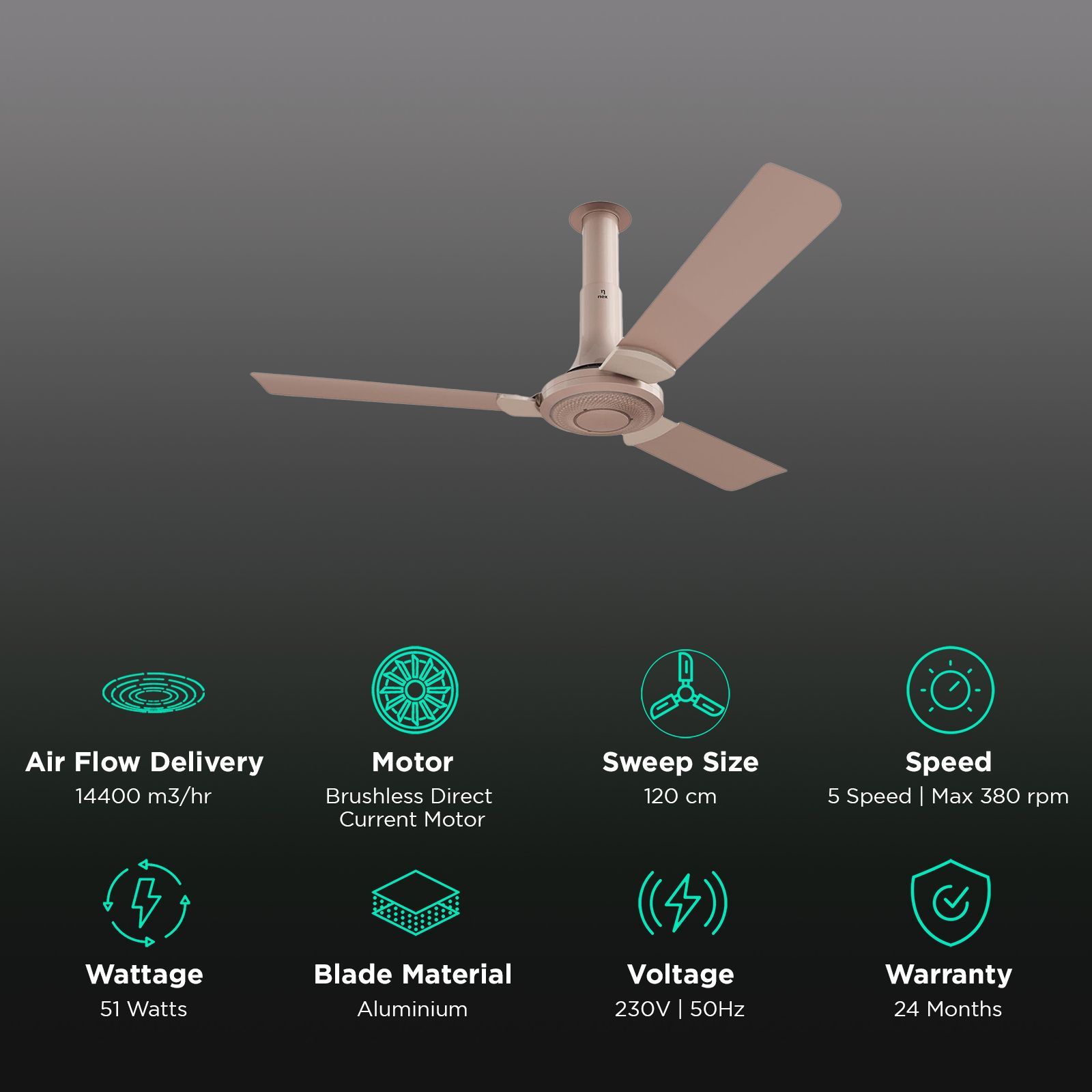 nex Glyde A40 2 Star 1200mm 3 Blade PeakTorq Motor Ceiling Fan with Remote (Dust Resistant, Blush)_3