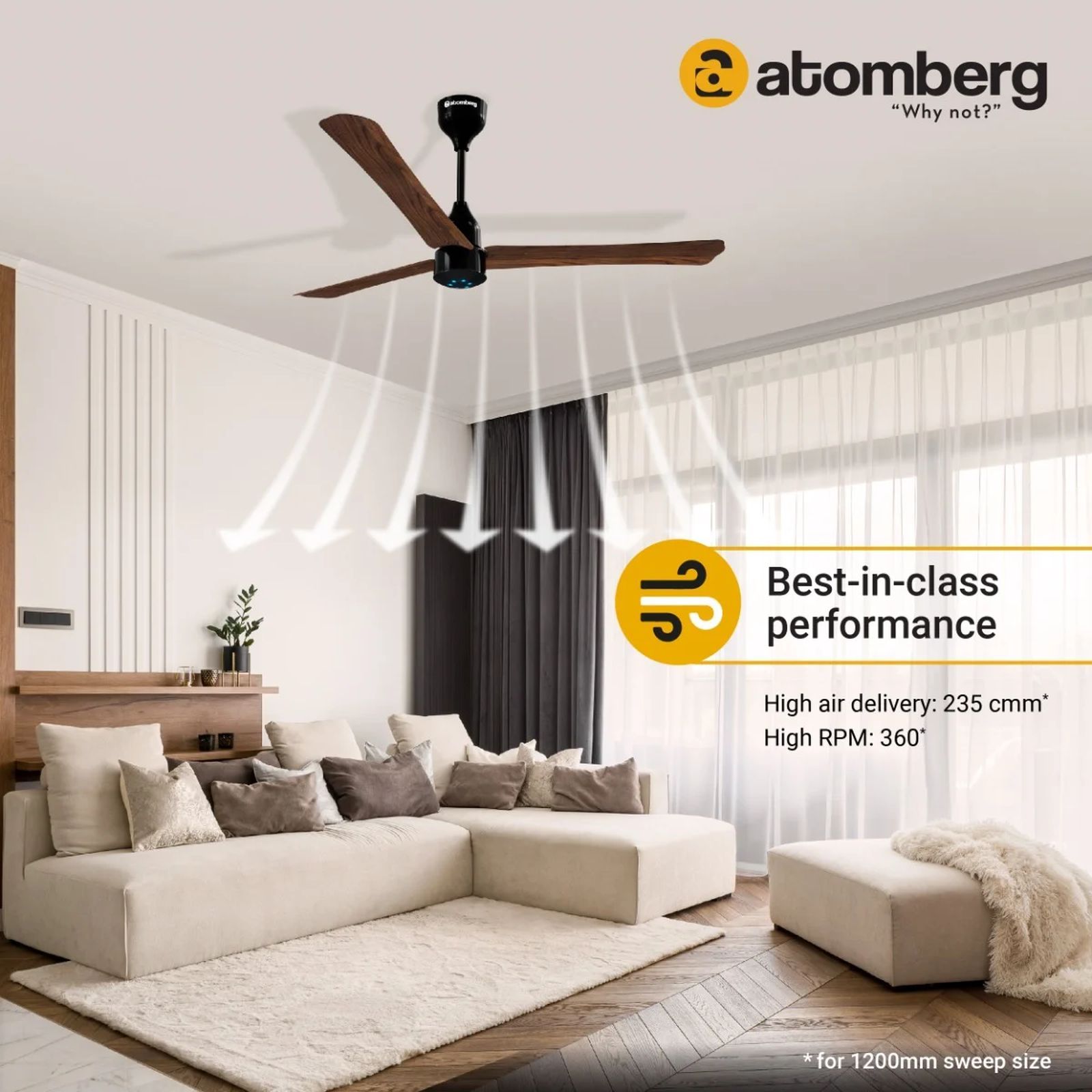 atomberg Renesa Plus 5 Star 1200mm 3 Blade BLDC Motor Ceiling Fan with Remote (LED Indicator, Dark Walnut)_6