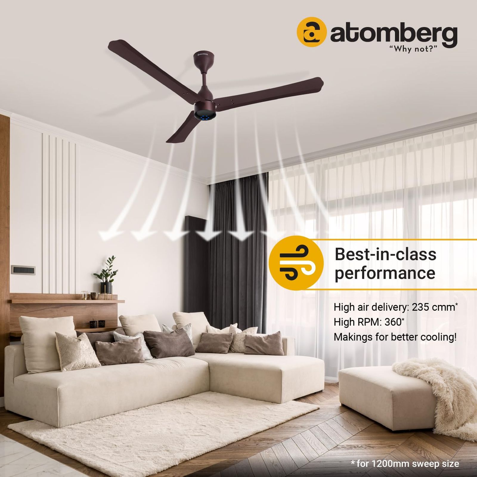 atomberg Renesa Plus 5 Star 1200mm 3 Blade BLDC Motor Ceiling Fan with Remote (LED Indicator, Umber Brown)_7