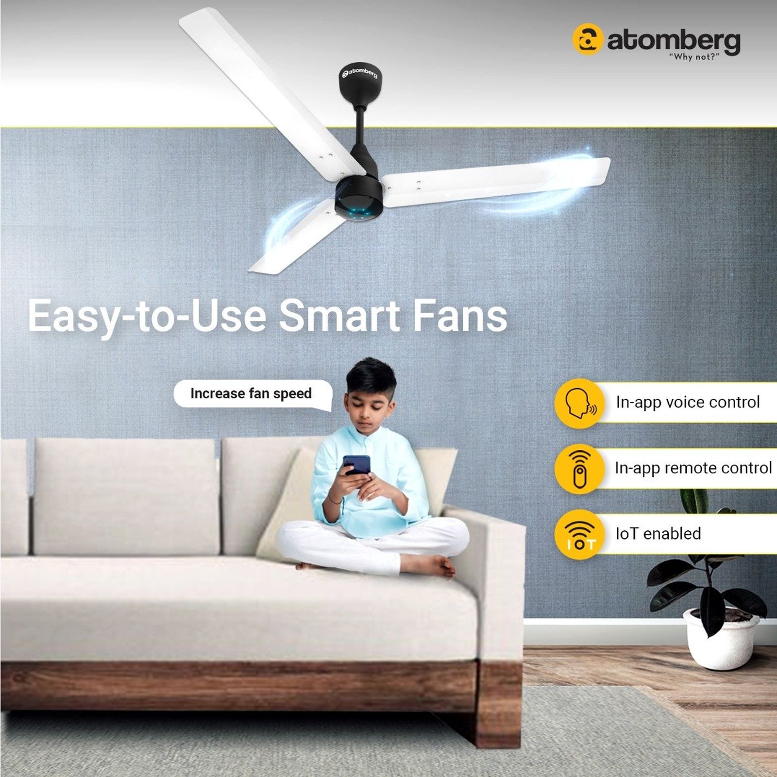 atomberg Renesa Smart 5 Star 1200mm 3 Blade BLDC Motor Smart Ceiling Fan with Remote (Boost Mode, White Black)_7