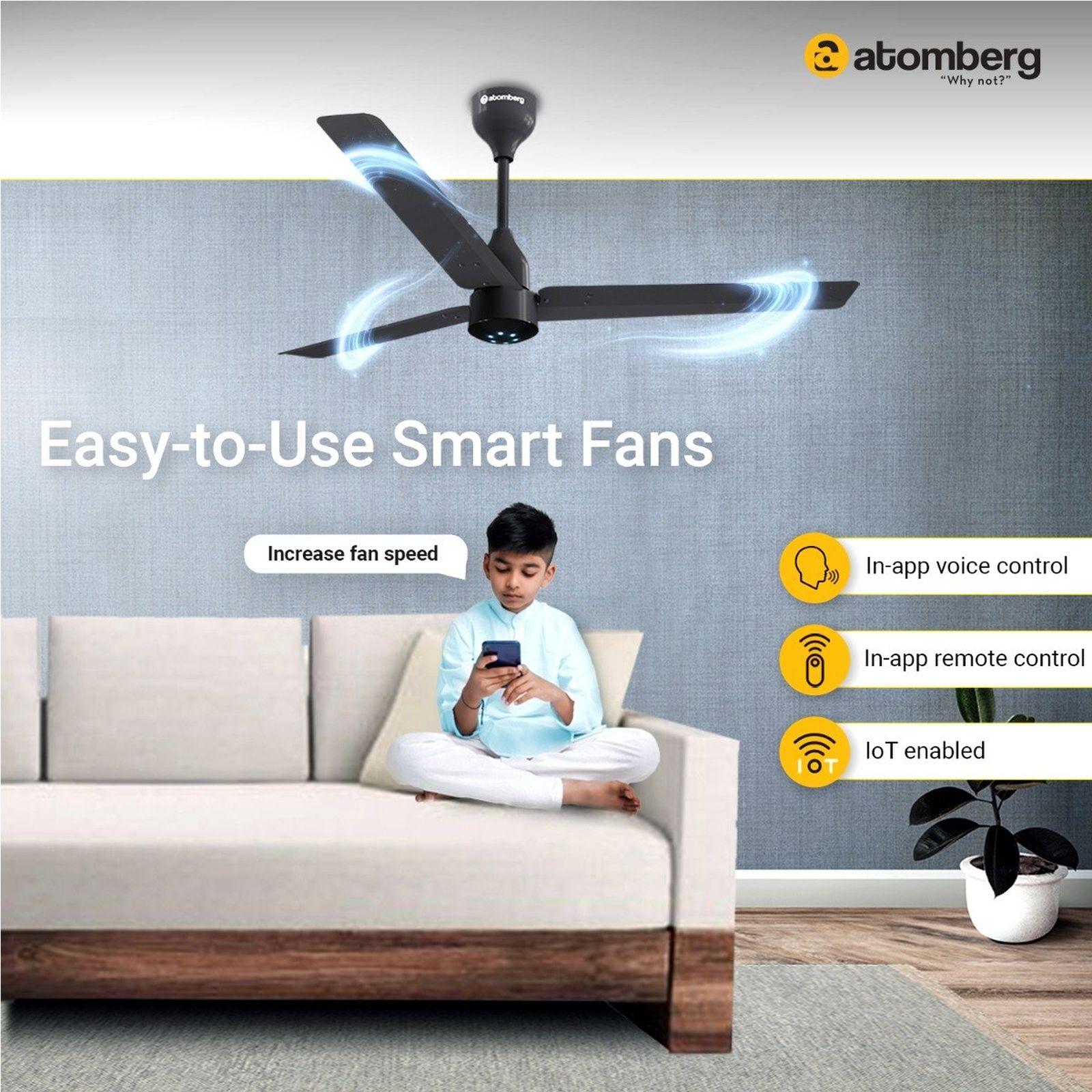 atomberg Renesa Smart 5 Star 1200mm 3 Blade BLDC Motor Smart Ceiling Fan with Remote (Boost Mode, Pebble Grey)_6