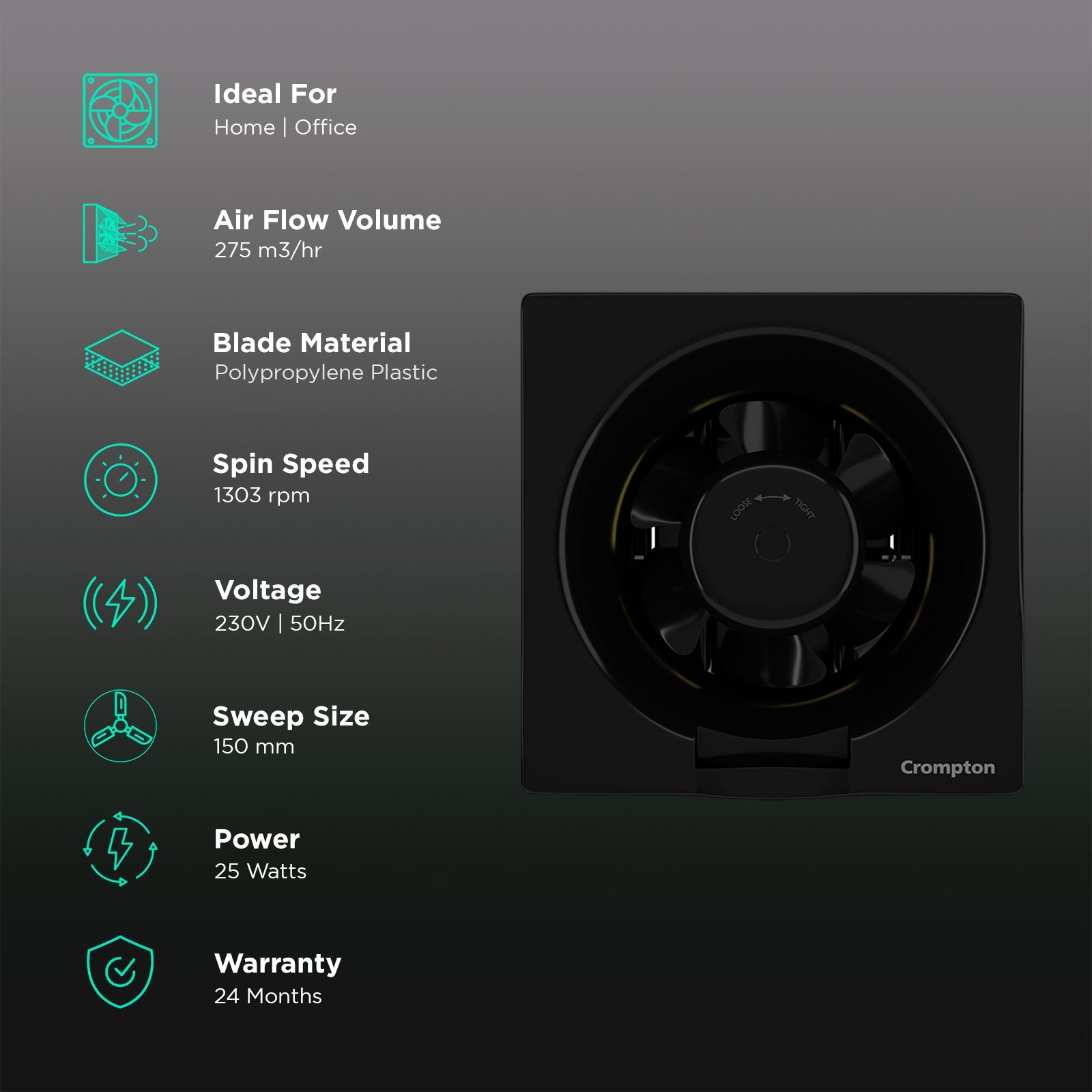 Crompton Brisk Air Plus 6 Inch 150mm Exhaust Fan (Auto Dust Protection Shutters, Black)_3