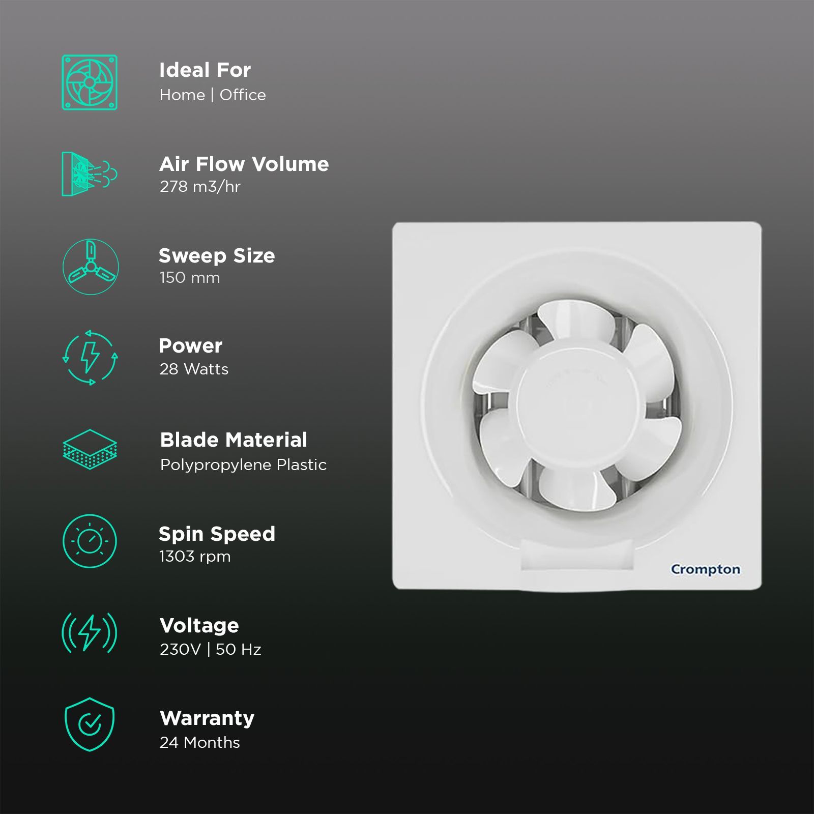 Crompton Brisk Air Plus 6 Inch 150mm Exhaust Fan (Auto Dust Protection Shutters, White) Crompton Brisk Air Plus 6 Inch 150mm Exhaust Fan (Auto Dust Protection Shutters, White)_3