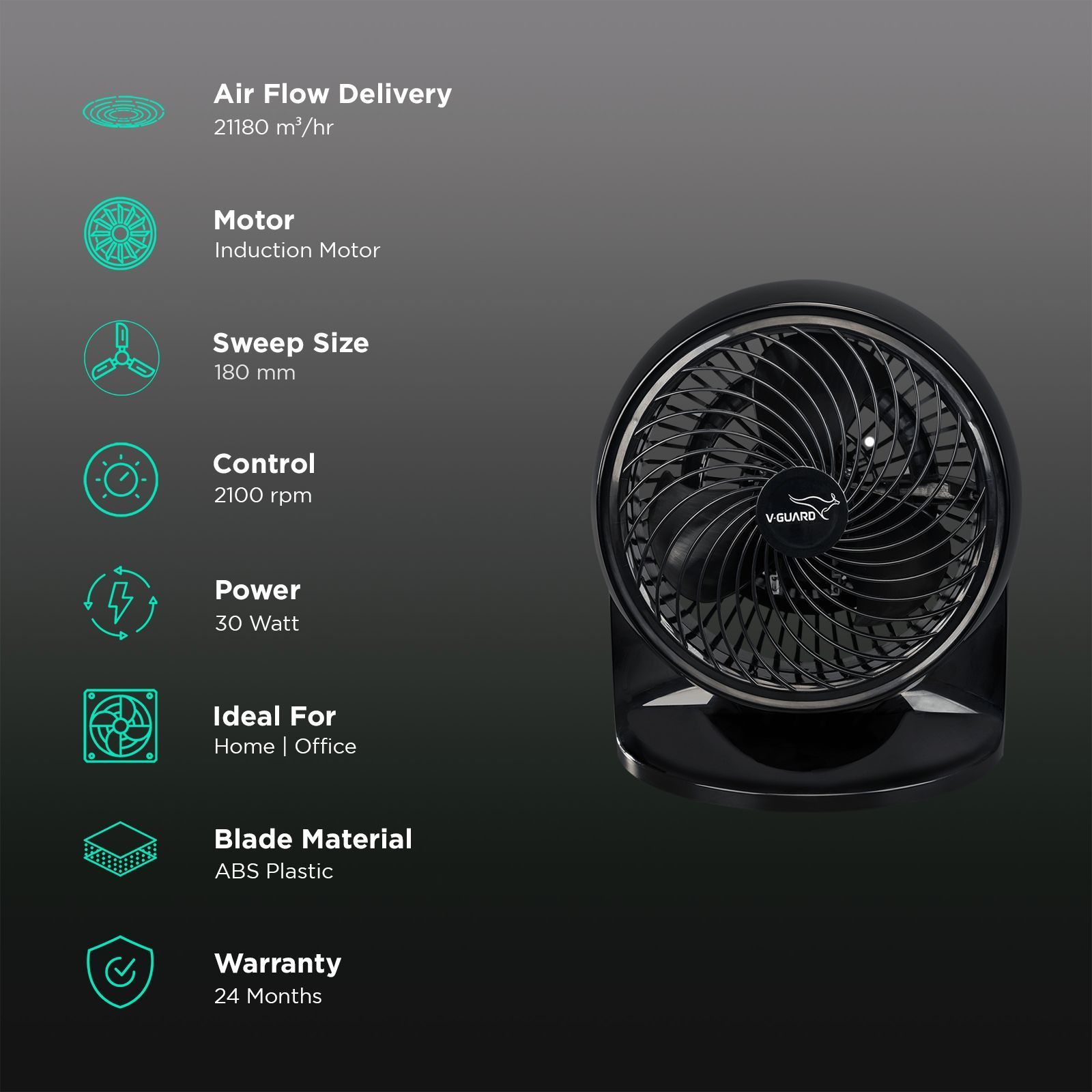 V-GUARD Spinny Pro 180mm 3 Blade Induction Motor Table Fan (90 Degree Tilt Rotation, Black)_3