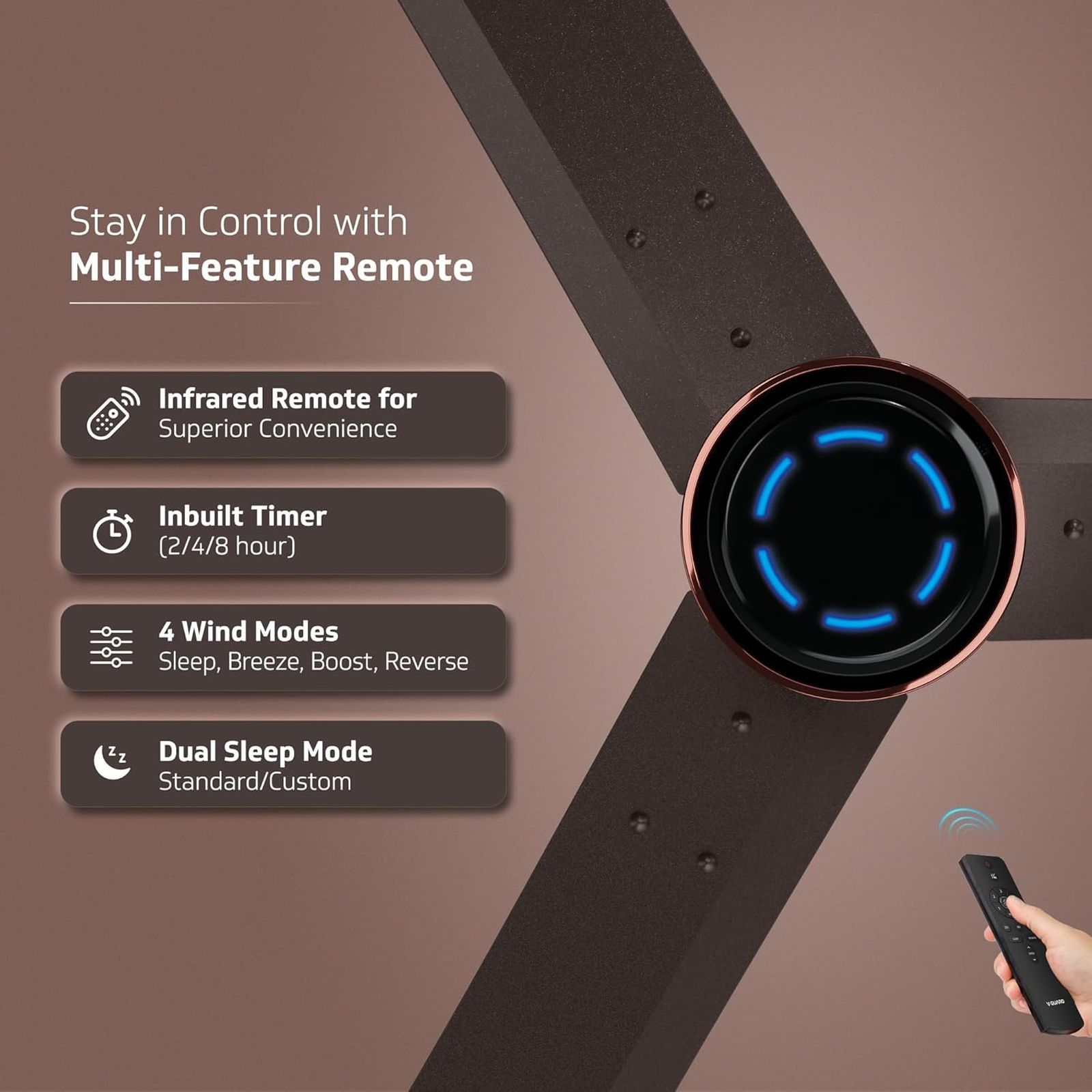 V-GUARD Insight-G 5 Star 1200mm 3 Blade BLDC Motor Ceiling Fan with Remote (UI LED Lights, Elegance Brown Matte)_6