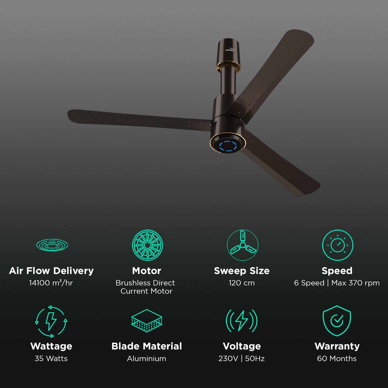 V-GUARD Insight-G 5 Star 1200mm 3 Blade BLDC Motor Ceiling Fan with Remote (UI LED Lights, Choco Brown Glow)_3