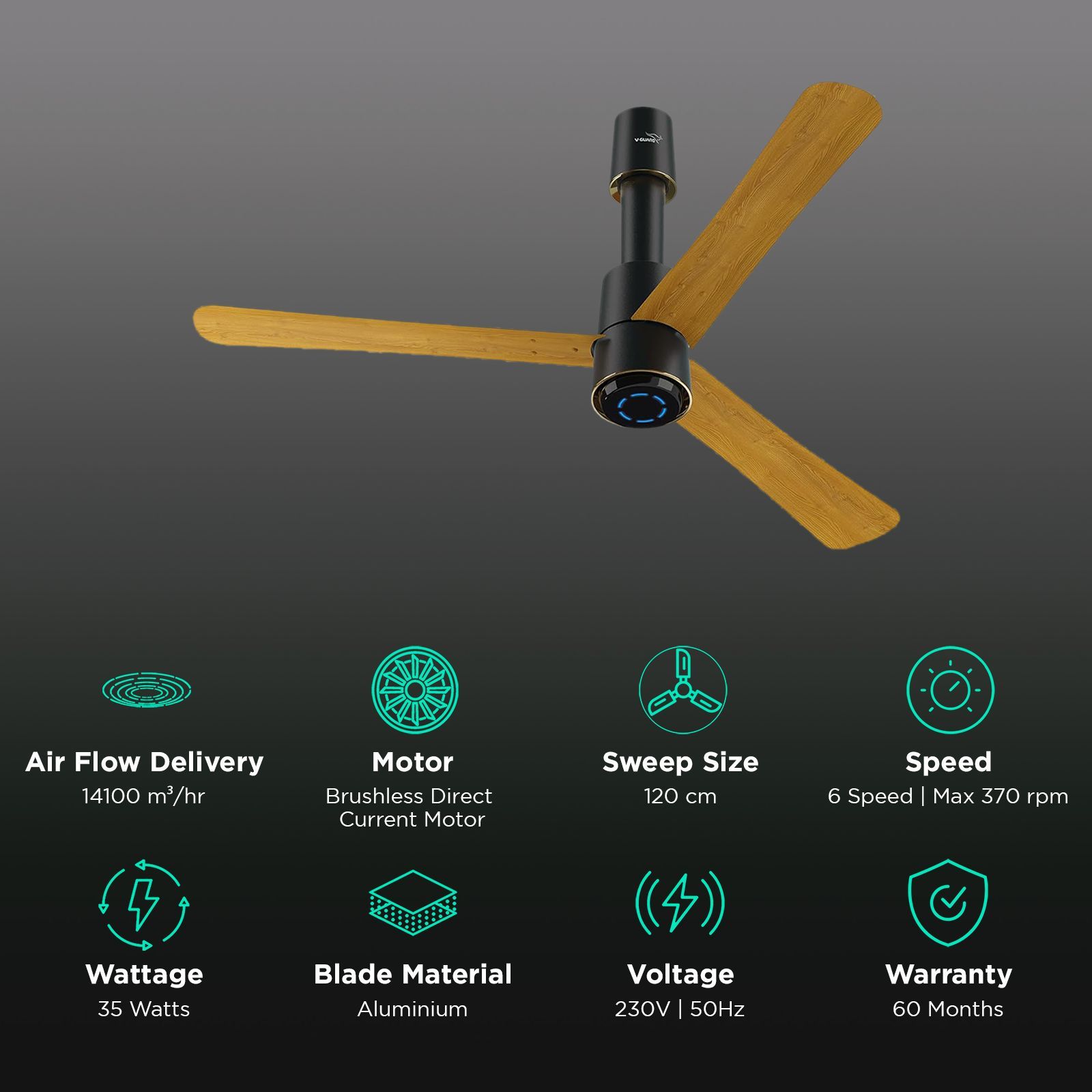 V-GUARD Insight-G 5 Star 1200mm 3 Blade BLDC Motor Ceiling Fan with Remote (UI LED Lights, Choco Gold Wood)_3