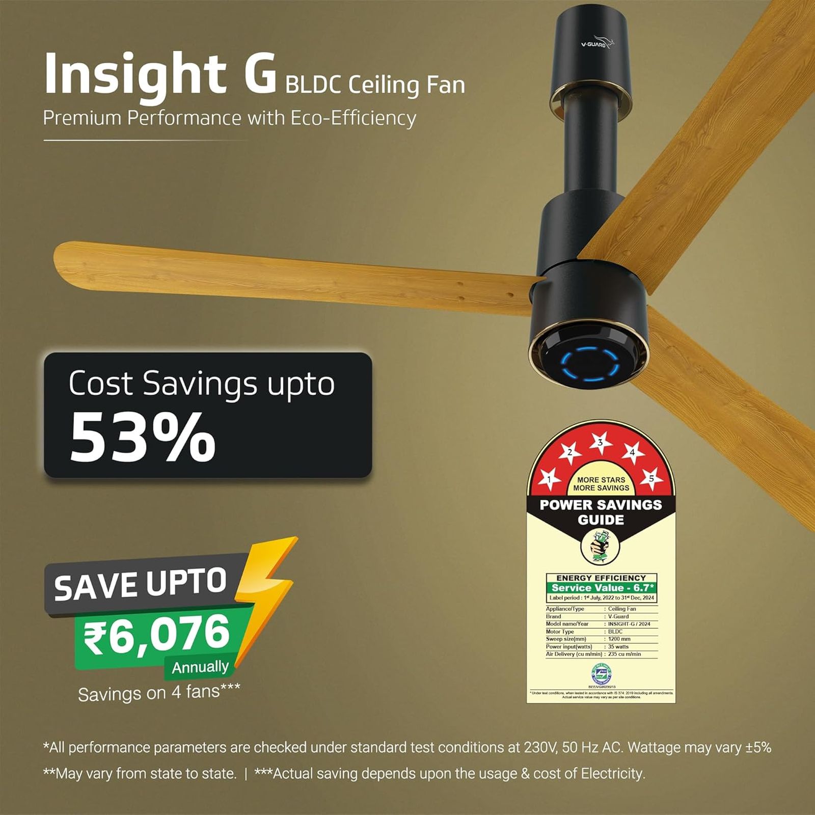 V-GUARD Insight-G 5 Star 1200mm 3 Blade BLDC Motor Ceiling Fan with Remote (UI LED Lights, Choco Gold Wood)_6
