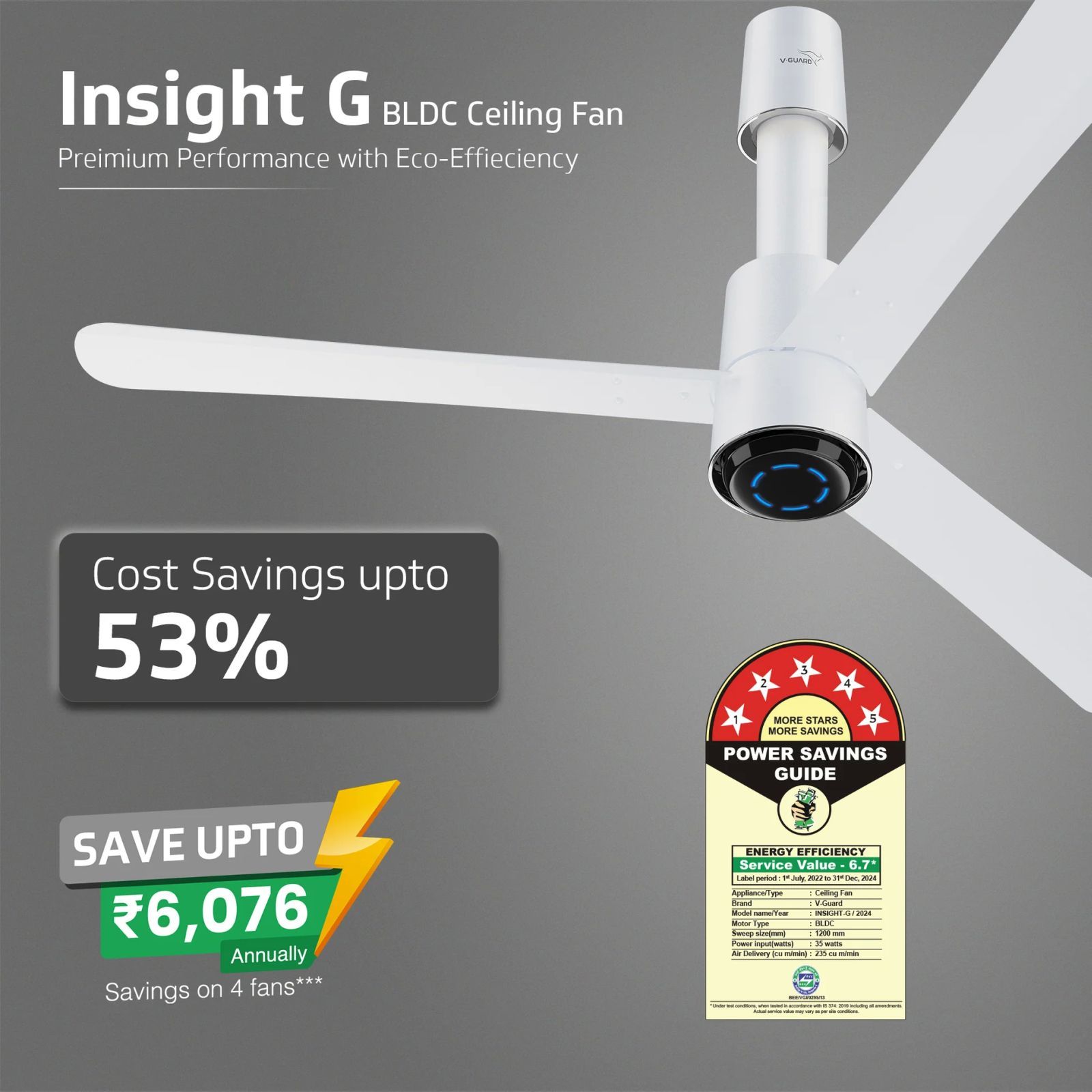 V-GUARD Insight-G 5 Star 1200mm 3 Blade BLDC Motor Ceiling Fan with Remote (UI LED Lights, Blossom White Matte)_6