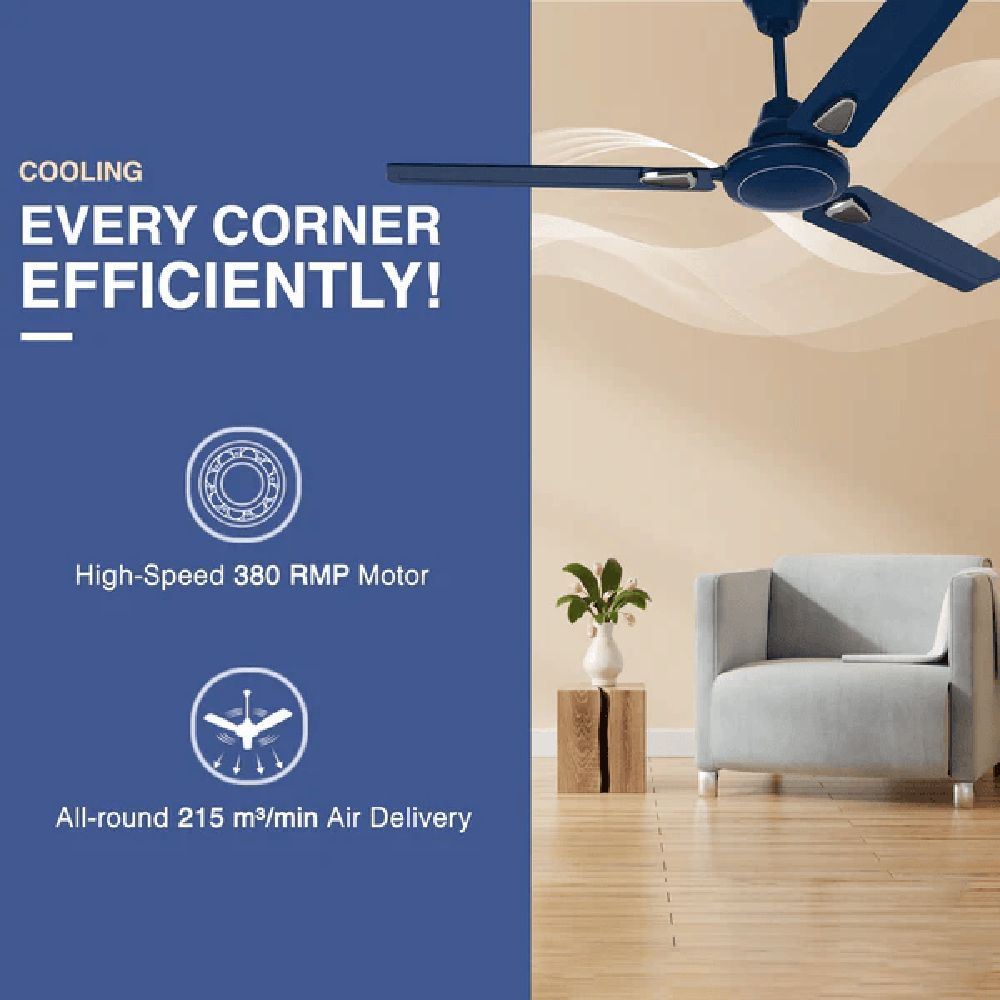 V-Guard Windle Deco AS 1 Star 1200mm 3 Blade Copper Motor Ceiling Fan (Double-shielded Ball Bearing, Admiral Blue)_8