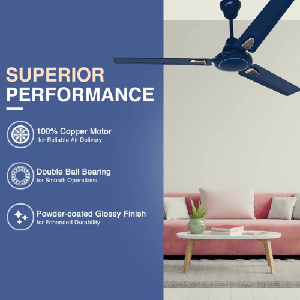 V-Guard Windle Deco AS 1 Star 1200mm 3 Blade Copper Motor Ceiling Fan (Double-shielded Ball Bearing, Admiral Blue)_9