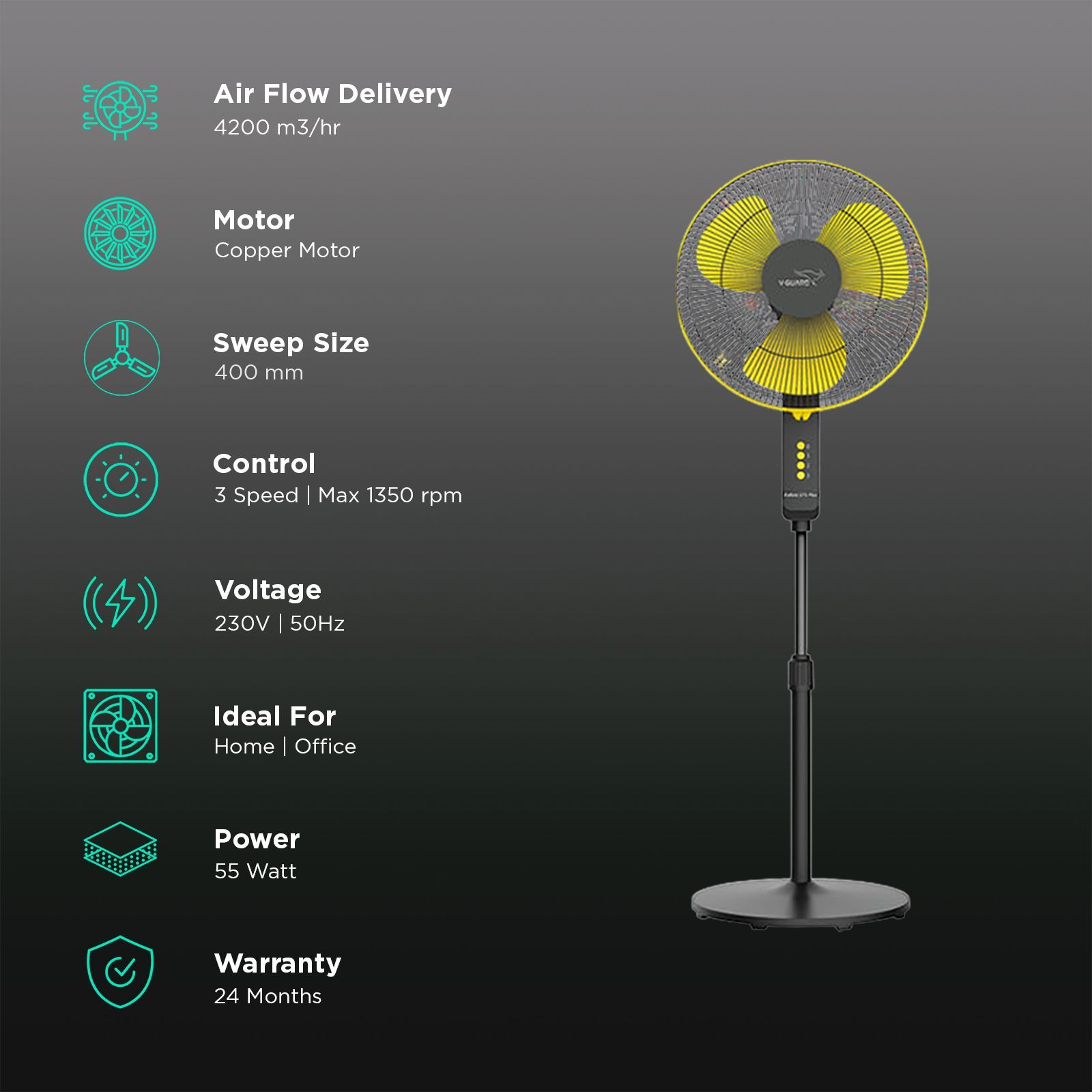 V-Guard Esfera STS Plus 400mm 3 Blade 2-in-1 Convertible Pedestal Fan (Powerful Copper Motor, Yellow & Black) V-Guard Esfera STS Plus 400mm 3 Blade 2-in-1 Convertible Pedestal Fan (Powerful Copper Motor, Yellow & Black)_3