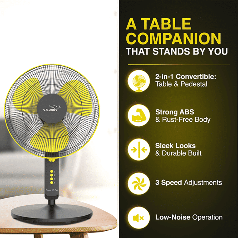 V-Guard Esfera STS Plus 400mm 3 Blade 2-in-1 Convertible Pedestal Fan (Powerful Copper Motor, Yellow & Black) V-Guard Esfera STS Plus 400mm 3 Blade 2-in-1 Convertible Pedestal Fan (Powerful Copper Motor, Yellow & Black)_4