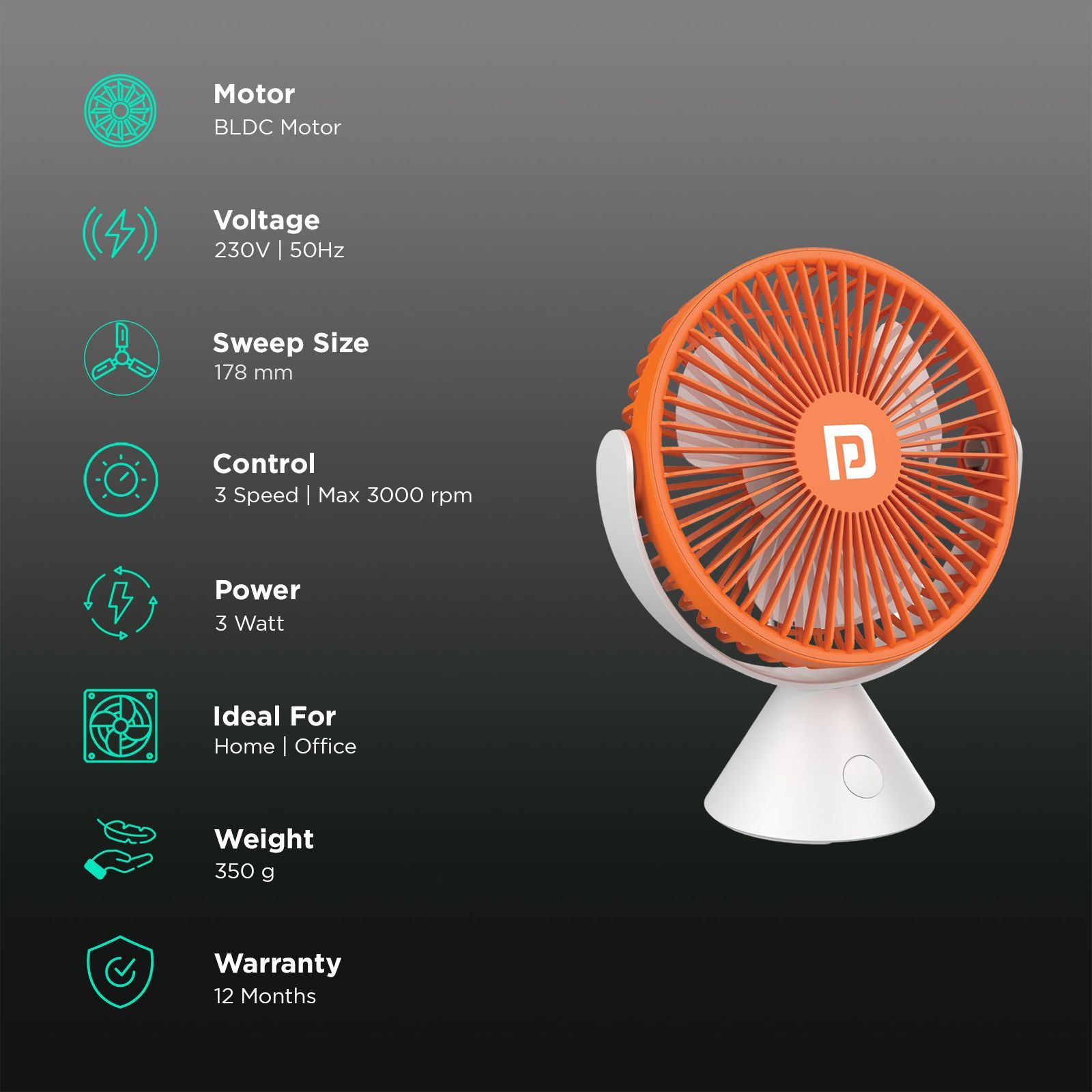 PORTRONICS Aero Breeze 178mm 3 Blade BLDC Motor Table Fan (360 Degree Cooling, White) PORTRONICS Aero Breeze 178mm 3 Blade BLDC Motor Table Fan (360 Degree Cooling, White)_3