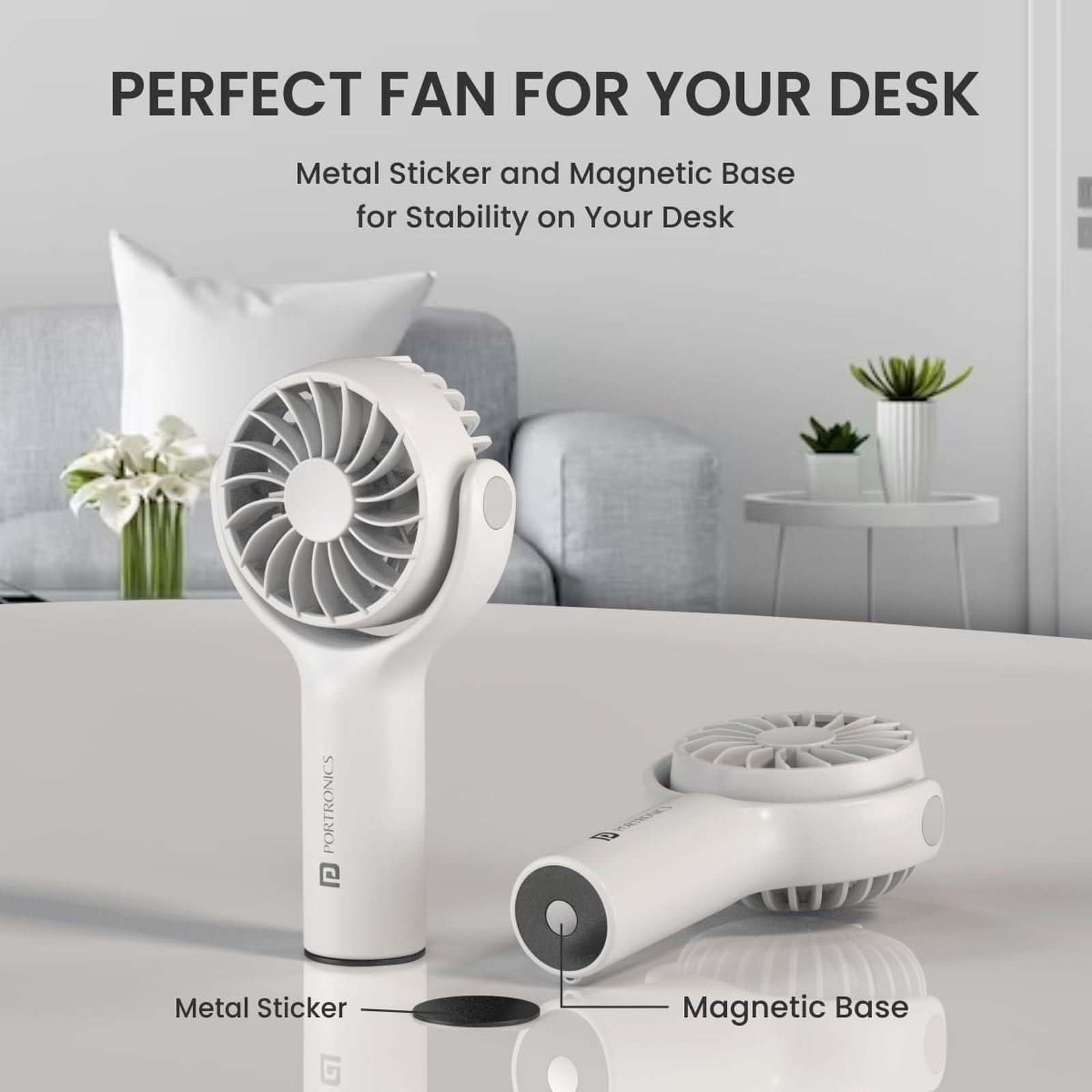 PORTRONICS Toofan Mini 7 Blade Rechargeable Personal Fan with 2000 mAh Battery (180 Degree Rotation, White)_7