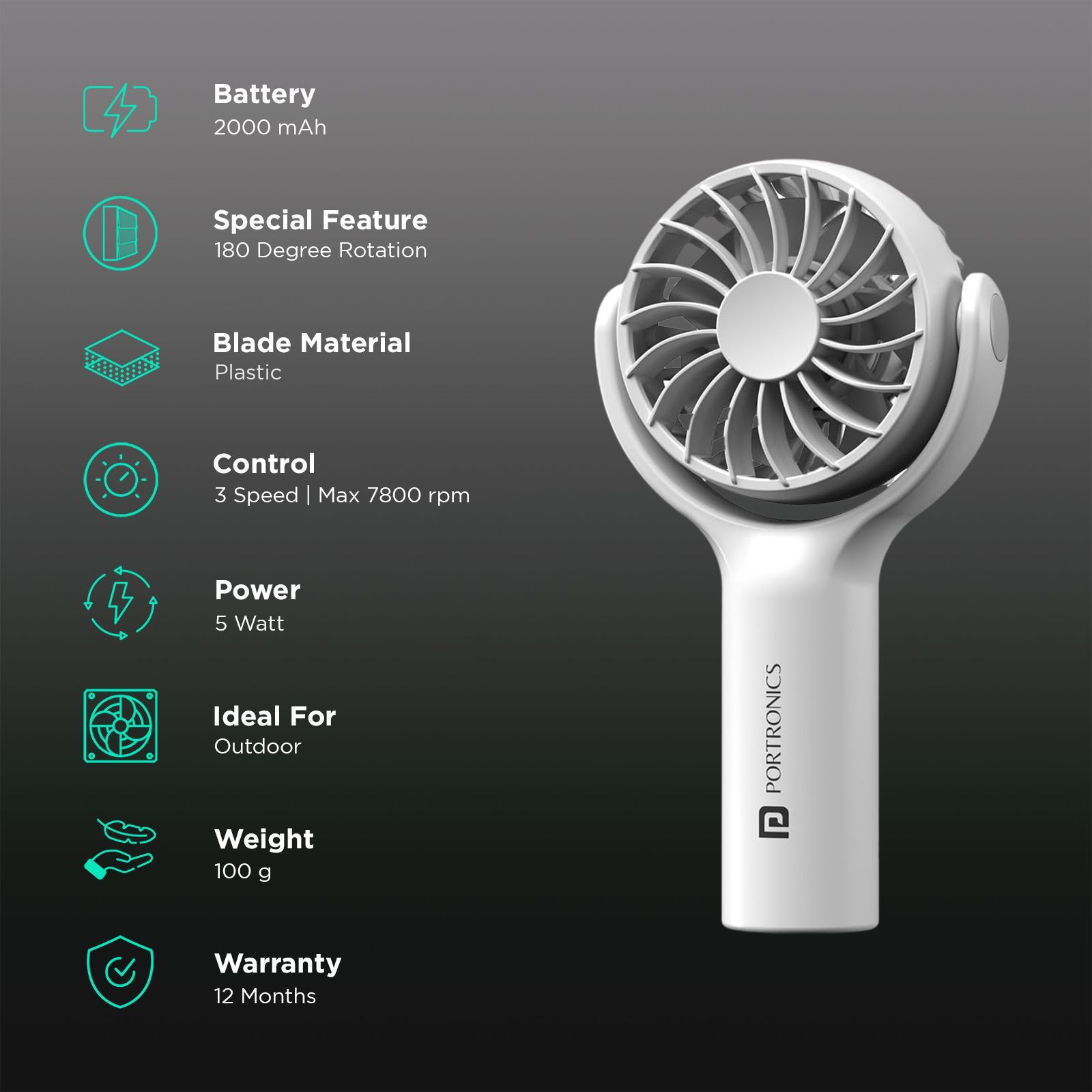 PORTRONICS Toofan Mini 7 Blade Rechargeable Personal Fan with 2000 mAh Battery (180 Degree Rotation, White)_3