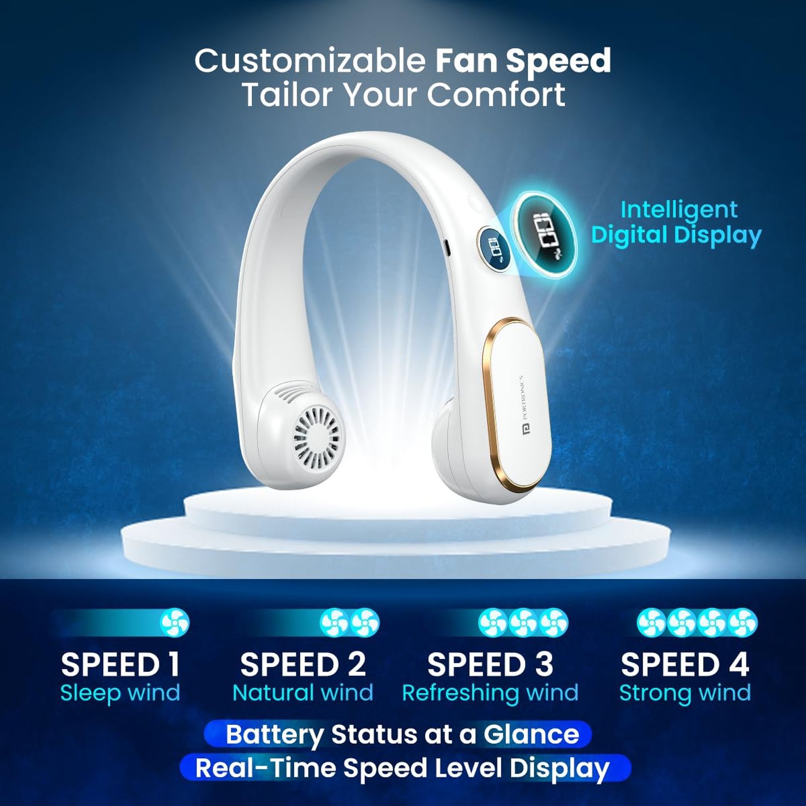 PORTRONICS Go Breeze Rechargeable Neck Fan with 2400 mAh Battery (Intelligent Digital Display, White)_7