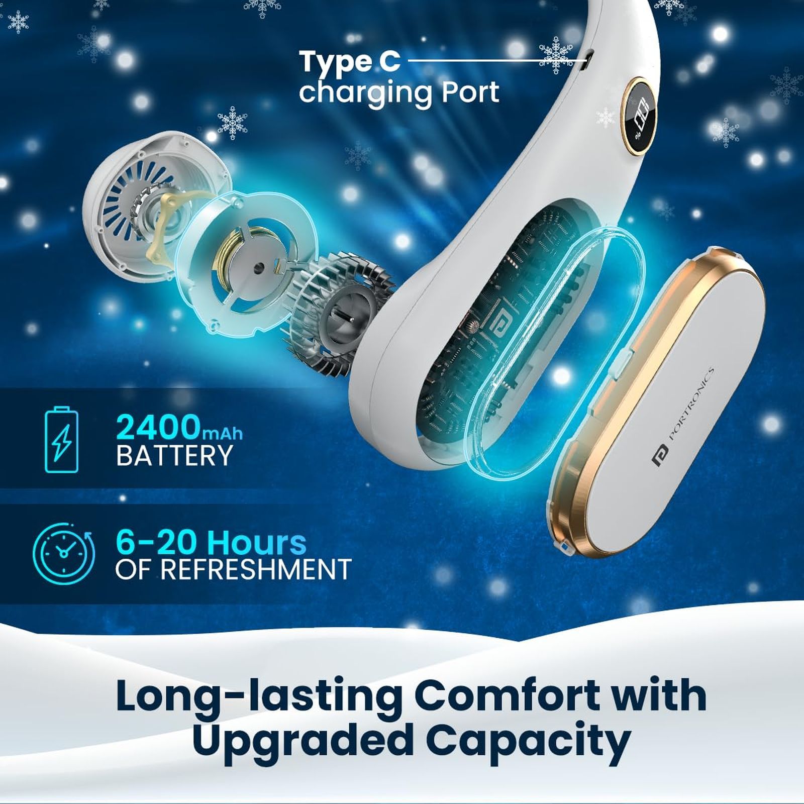 PORTRONICS Go Breeze Rechargeable Neck Fan with 2400 mAh Battery (Intelligent Digital Display, White)_3