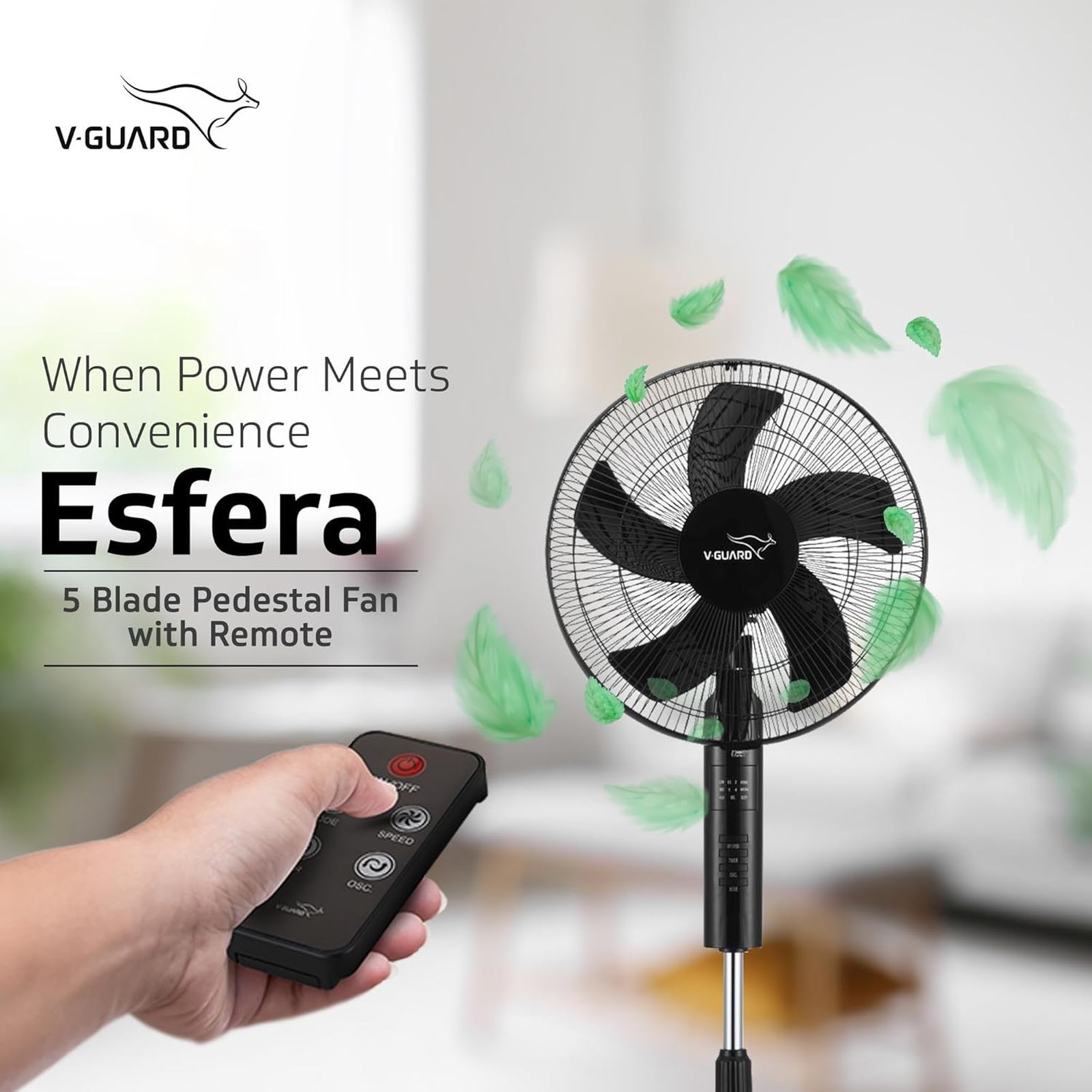 V-GUARD Esfera 400mm 5 Blade Pedestal Fan with Remote (In-built Safety Shutter, Black)_7
