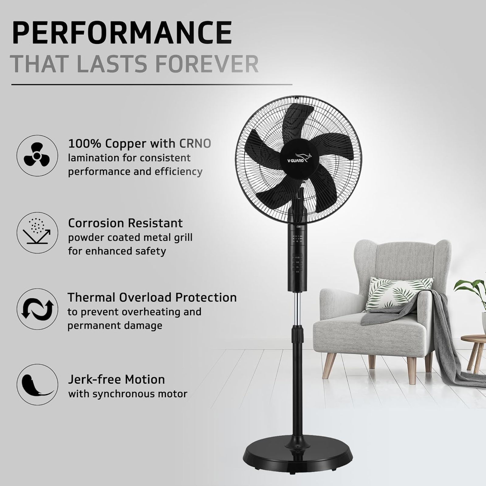 V-GUARD Esfera 400mm 5 Blade Pedestal Fan with Remote (In-built Safety Shutter, Black)_8