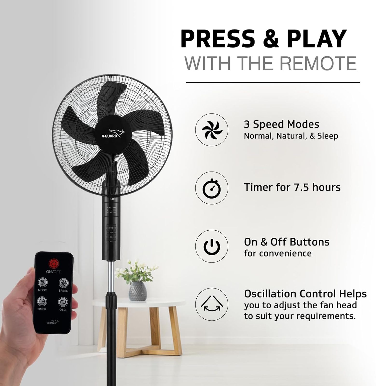 V-GUARD Esfera 400mm 5 Blade Pedestal Fan with Remote (In-built Safety Shutter, Black)_5