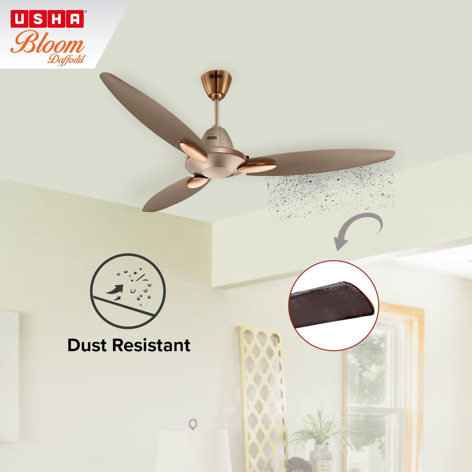 USHA Bloom Daffodil 1250mm 3 Blade Copper Motor Ceiling Fan (Noiseless Operation, Sparkle Golden and Brown)_7