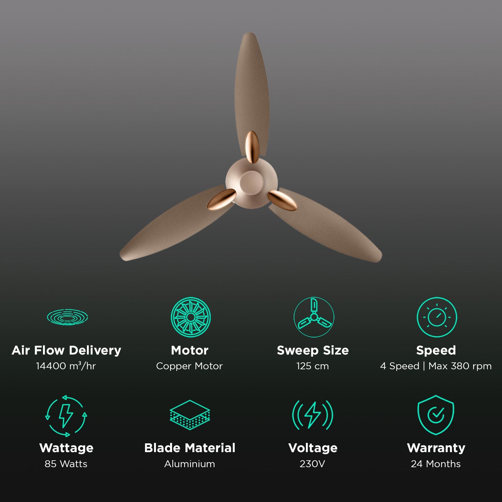 USHA Bloom Daffodil 1250mm 3 Blade Copper Motor Ceiling Fan (Noiseless Operation, Sparkle Golden and Brown)_3