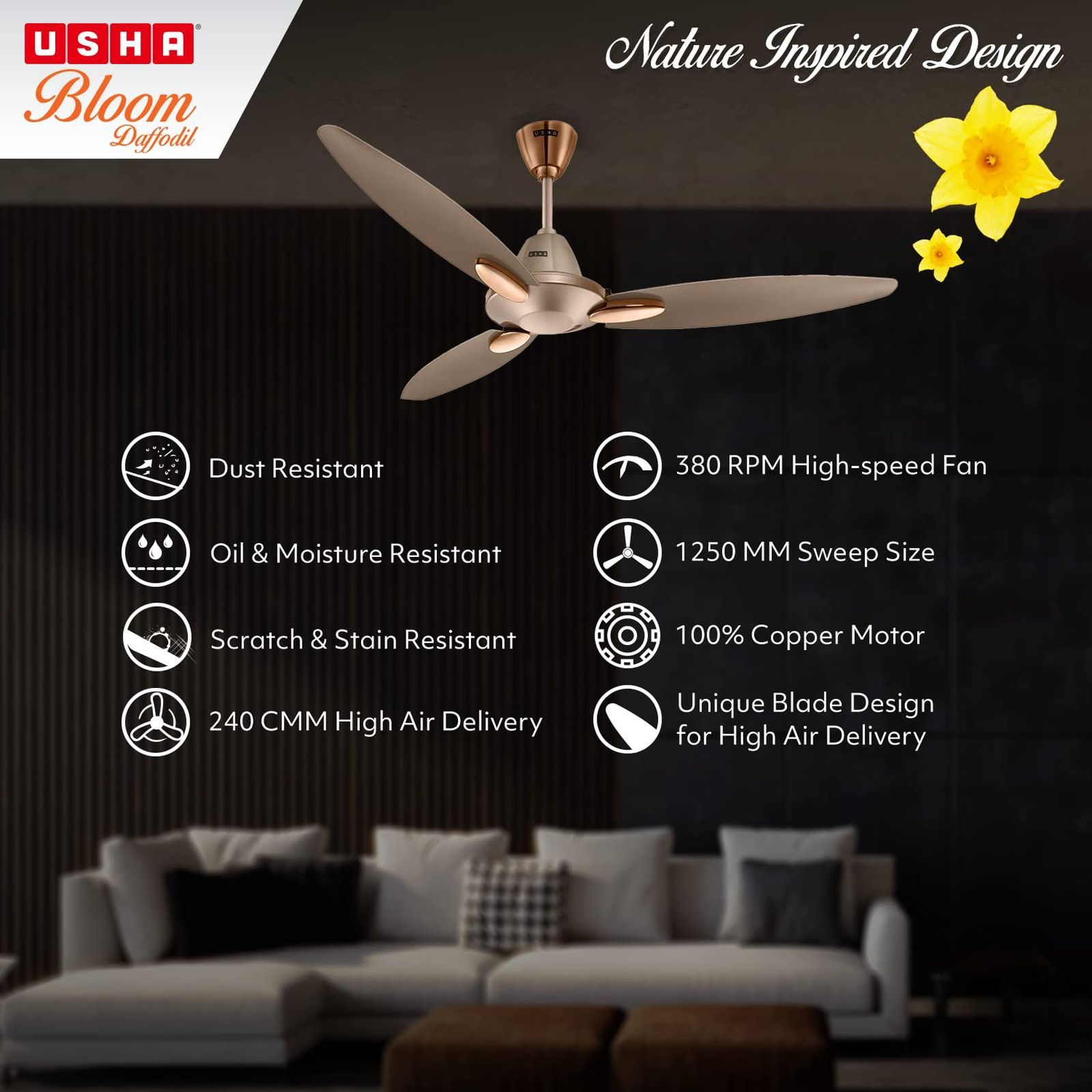 USHA Bloom Daffodil 1250mm 3 Blade Copper Motor Ceiling Fan (Noiseless Operation, Sparkle Golden and Brown)_4