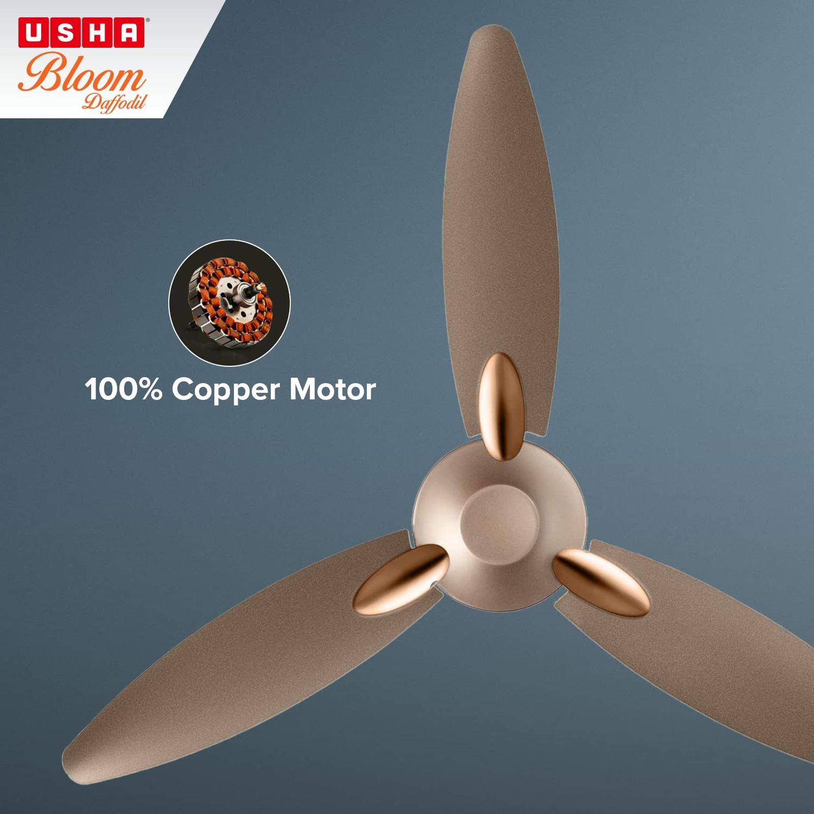 USHA Bloom Daffodil 1250mm 3 Blade Copper Motor Ceiling Fan (Noiseless Operation, Sparkle Golden and Brown)_5