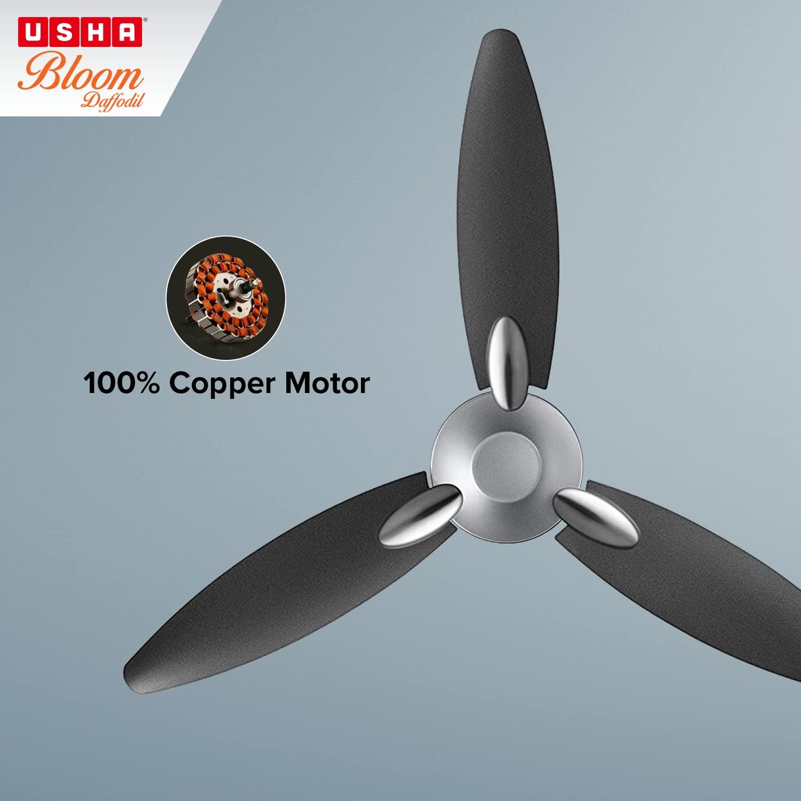USHA Bloom Daffodil 1250mm 3 Blade Copper Motor Ceiling Fan (Noiseless Operation, Sparkle Grey & Black)_7