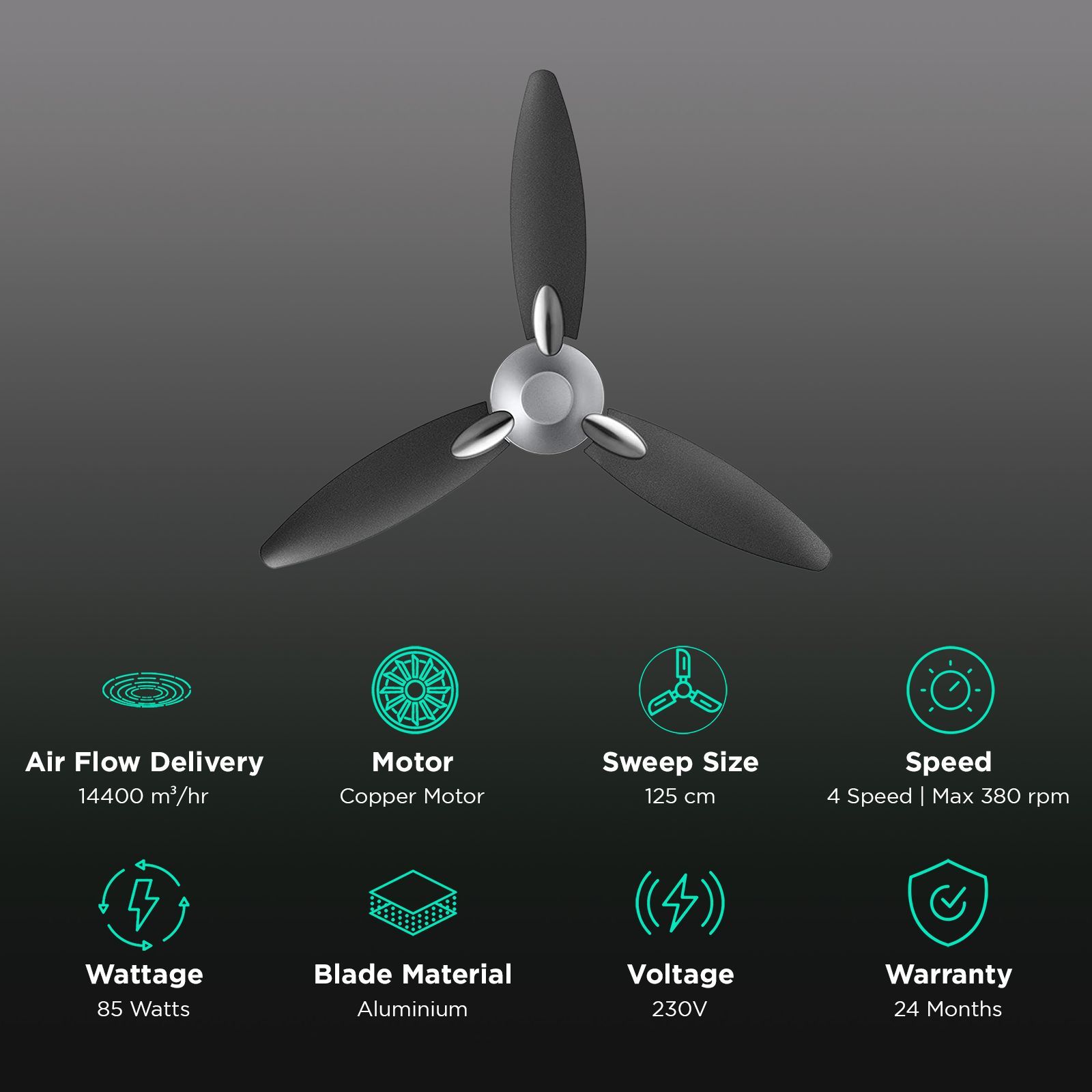 USHA Bloom Daffodil 1250mm 3 Blade Copper Motor Ceiling Fan (Noiseless Operation, Sparkle Grey & Black)_3