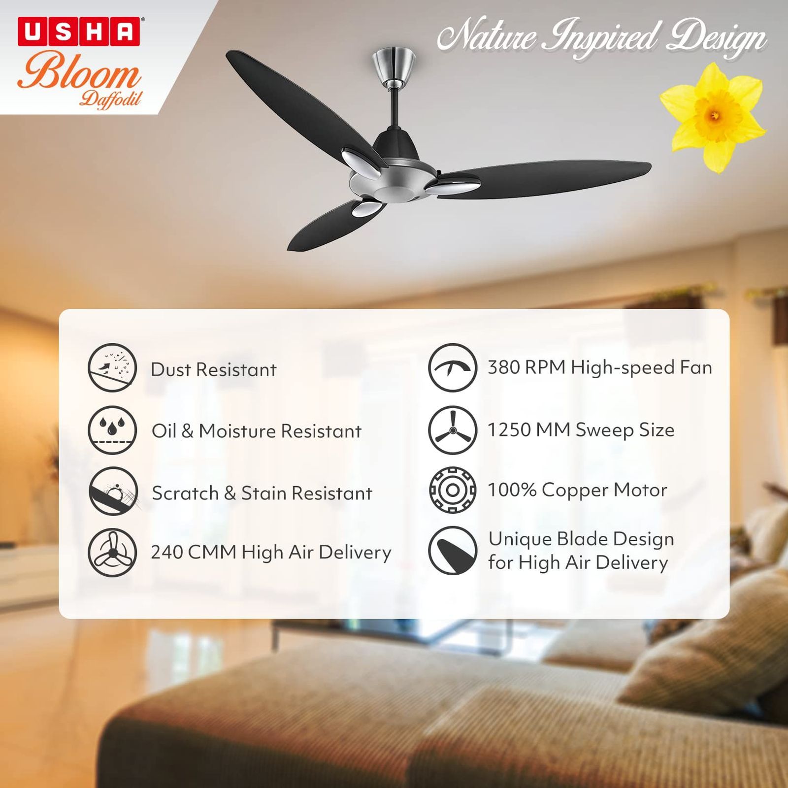 USHA Bloom Daffodil 1250mm 3 Blade Copper Motor Ceiling Fan (Noiseless Operation, Sparkle Grey & Black)_4