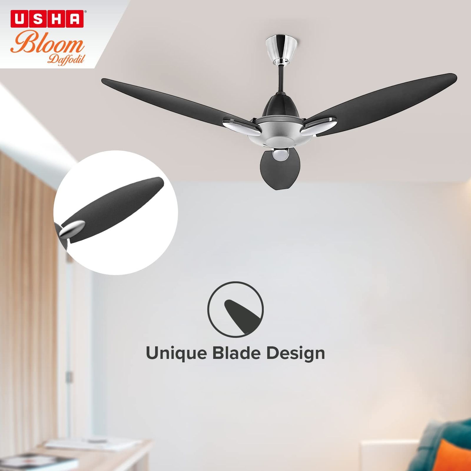 USHA Bloom Daffodil 1250mm 3 Blade Copper Motor Ceiling Fan (Noiseless Operation, Sparkle Grey & Black)_5