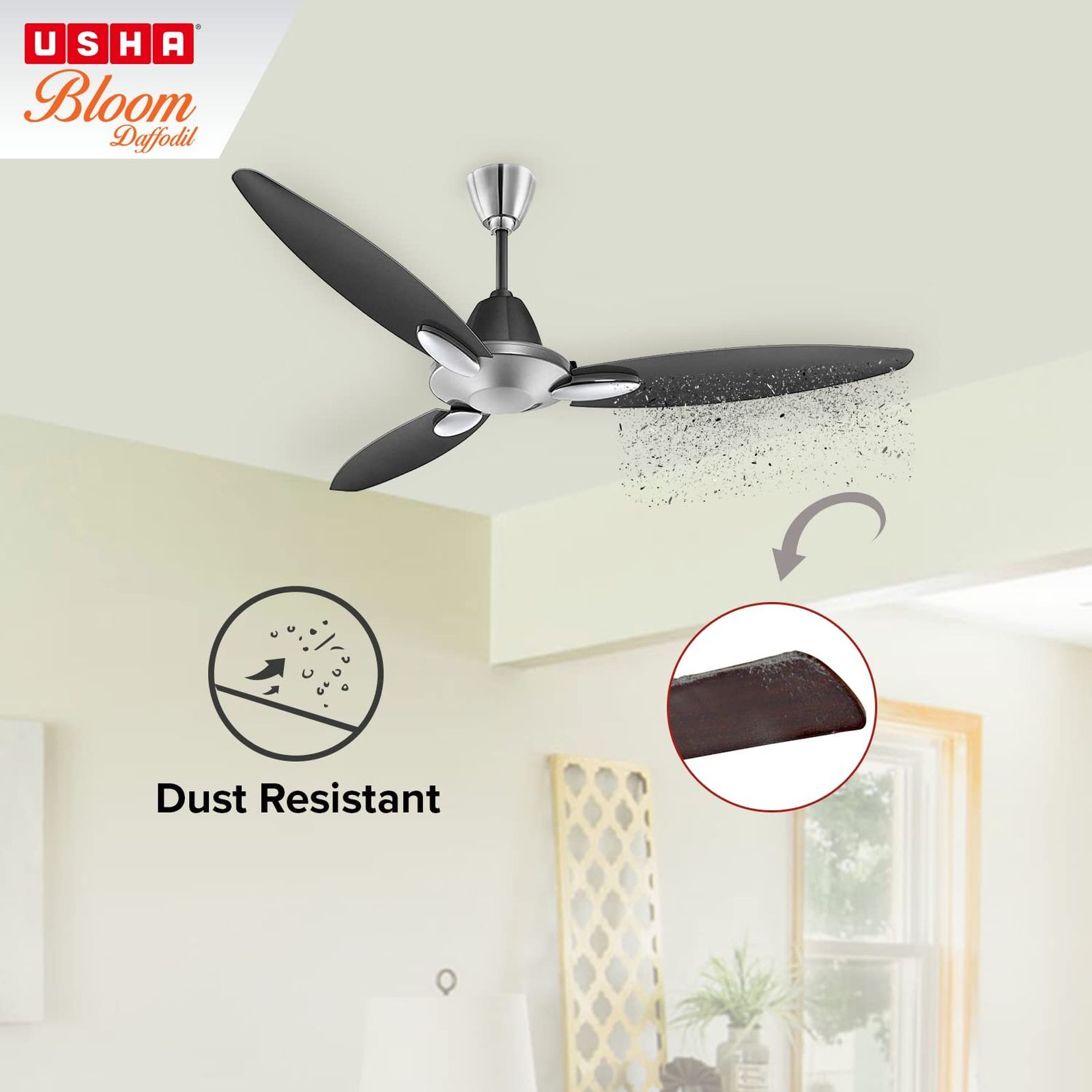 USHA Bloom Daffodil 1250mm 3 Blade Copper Motor Ceiling Fan (Noiseless Operation, Sparkle Grey & Black)_6