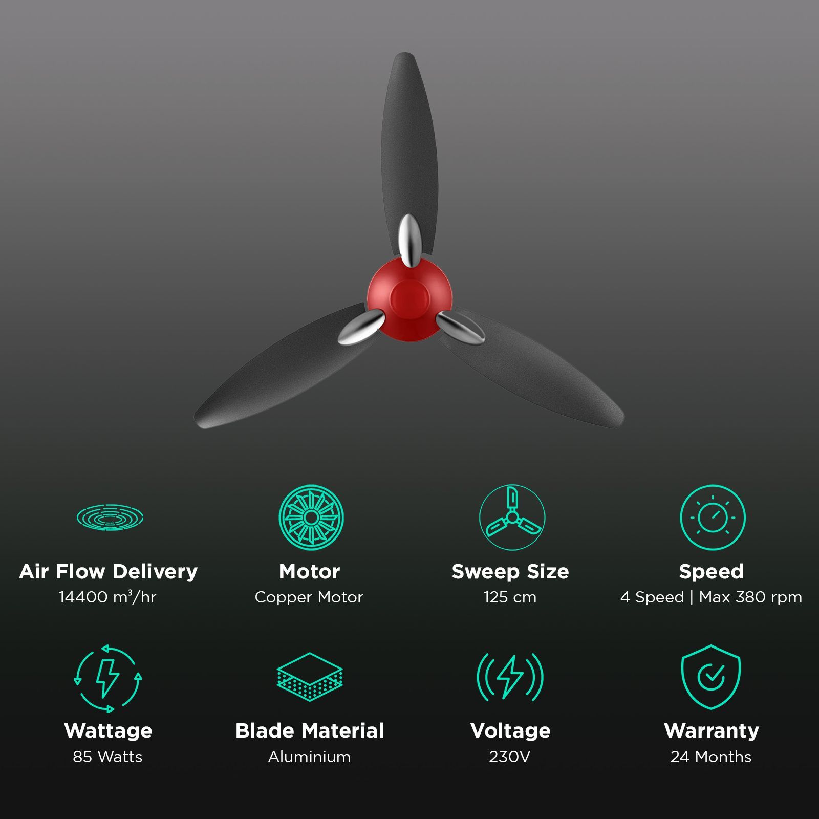 USHA Bloom Daffodil 1250mm 3 Blade Copper Motor Ceiling Fan (Noiseless Operation, Sparkle Red & Black)_3